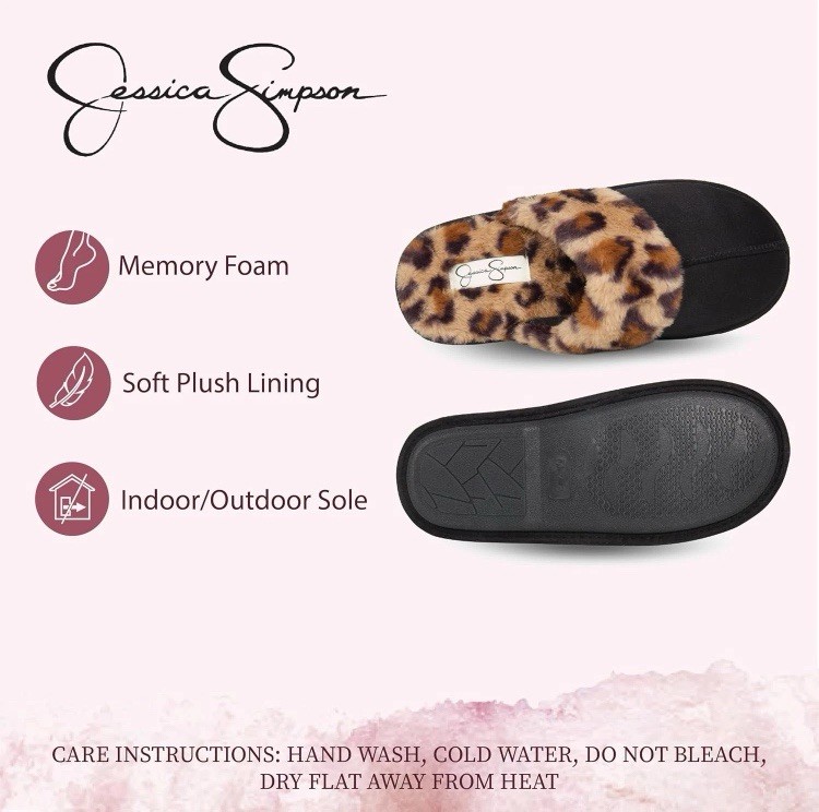Jessica Simpson Leopard Print Faux Fur Slip-On Slippers Memory Foam 7.5