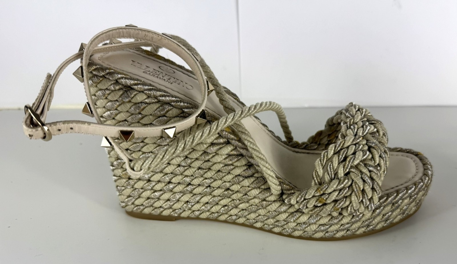 Valentino Rockstud Torchon Espadrille Rope Stripe Wedge Sandal EU 41 US 10/10.5