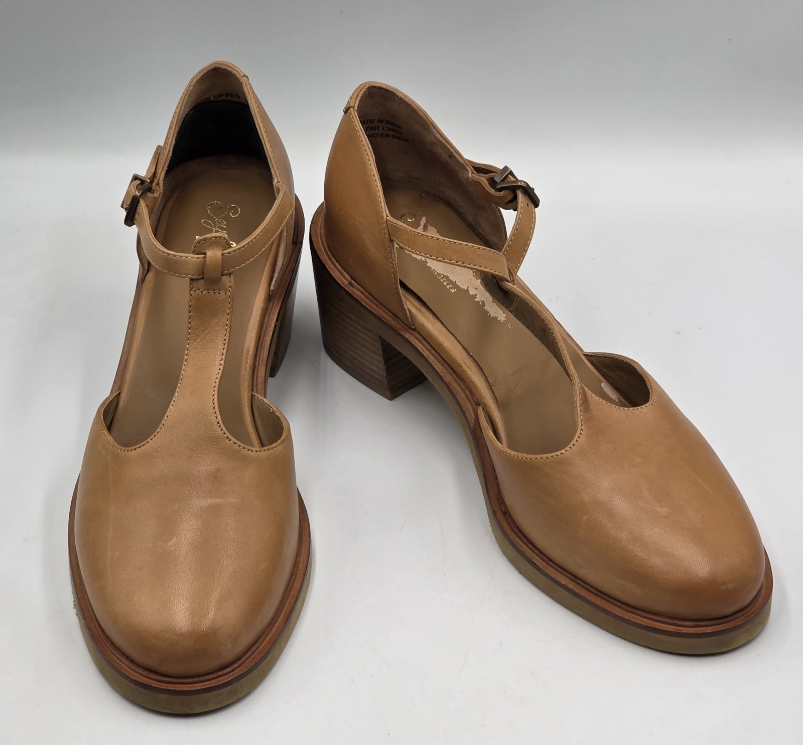 Seychelles Soulmate Size 10 Tan Leather T-Strap Mary Jane Block Heel Pumps 2.5in