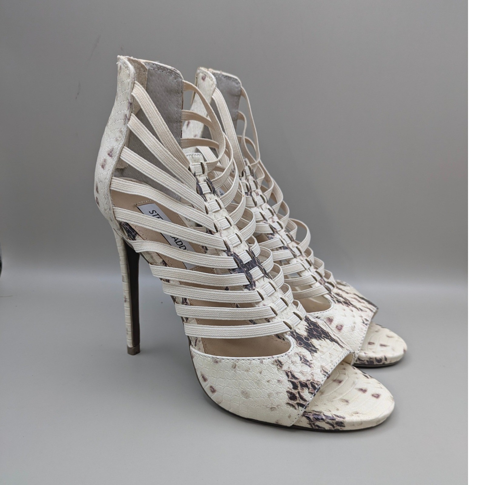 Steve Madden Pilarr Caged Strappy Stiletto Beige Faux Snake Skin Size 7.5