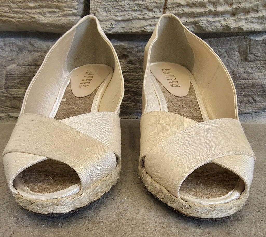 Lauren Ralph Lauren Womens 9 Cecilia Peep-Toe Espadrille Wedge Sandals Cream Tan