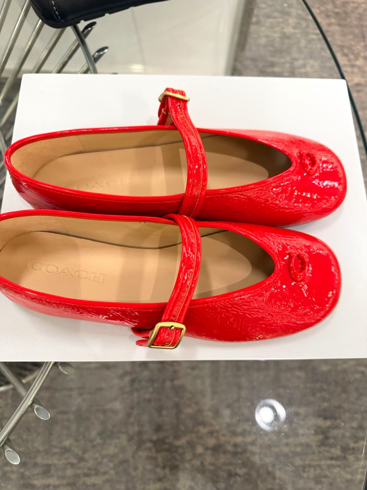 Coach Women’s Red Mary Jane Flats Synthetic Upper Buckle Round Toe Logo