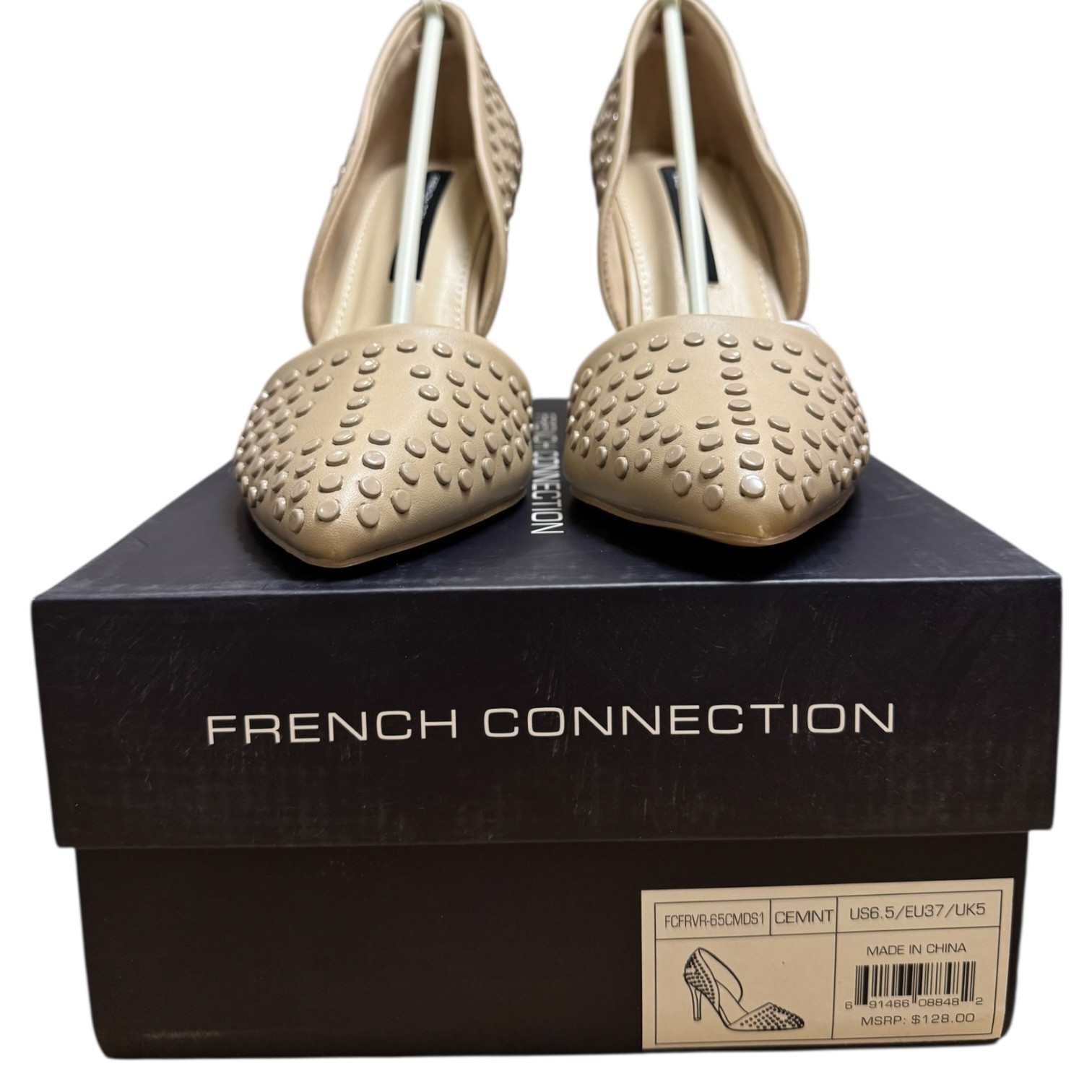 French Connection Studded Pointed Toe D’Orsay Heels 6.5 Nude Cement NEW Vegan