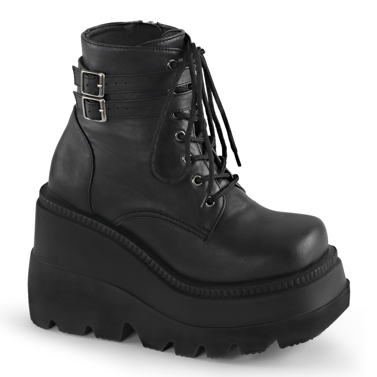 BLACK VEGAN 4.5″ ANKLE BOOT-LACES & BUCKLE STRAPS-PLATFORM 5 6 7 8 9 10 11 12