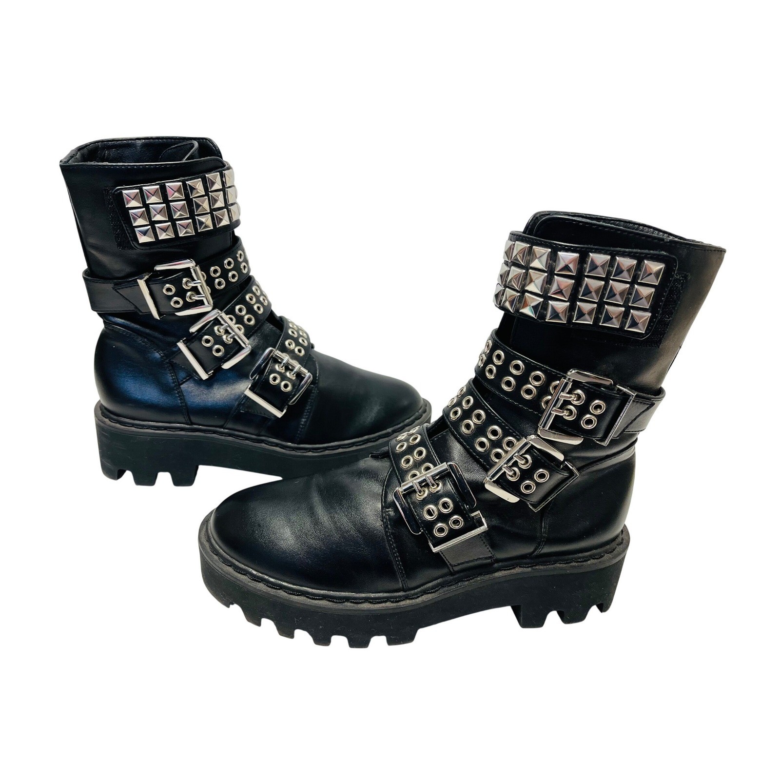 Current Mood 9 Black Multi Buckle Studs Combat Boots Grunge Punk Mall Goth Indie
