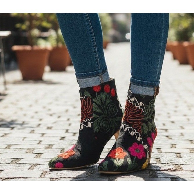 Zeyzani SuzaniEmbroidered Floral Ankle Boots Women’s 38 Boho Folk Art Wood Heel