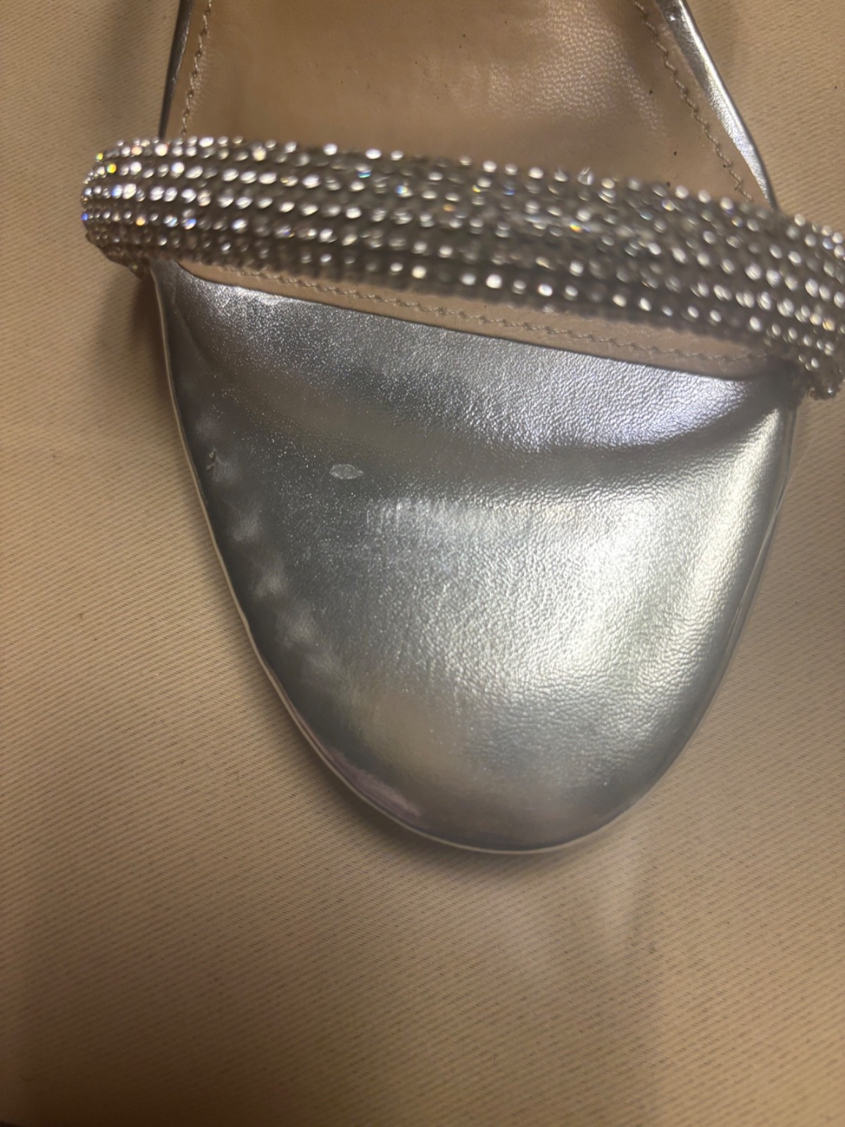 JustFab Block Heel Women’s Silver Chloe Slip On Strap Beaded Clear Sz 10 READ