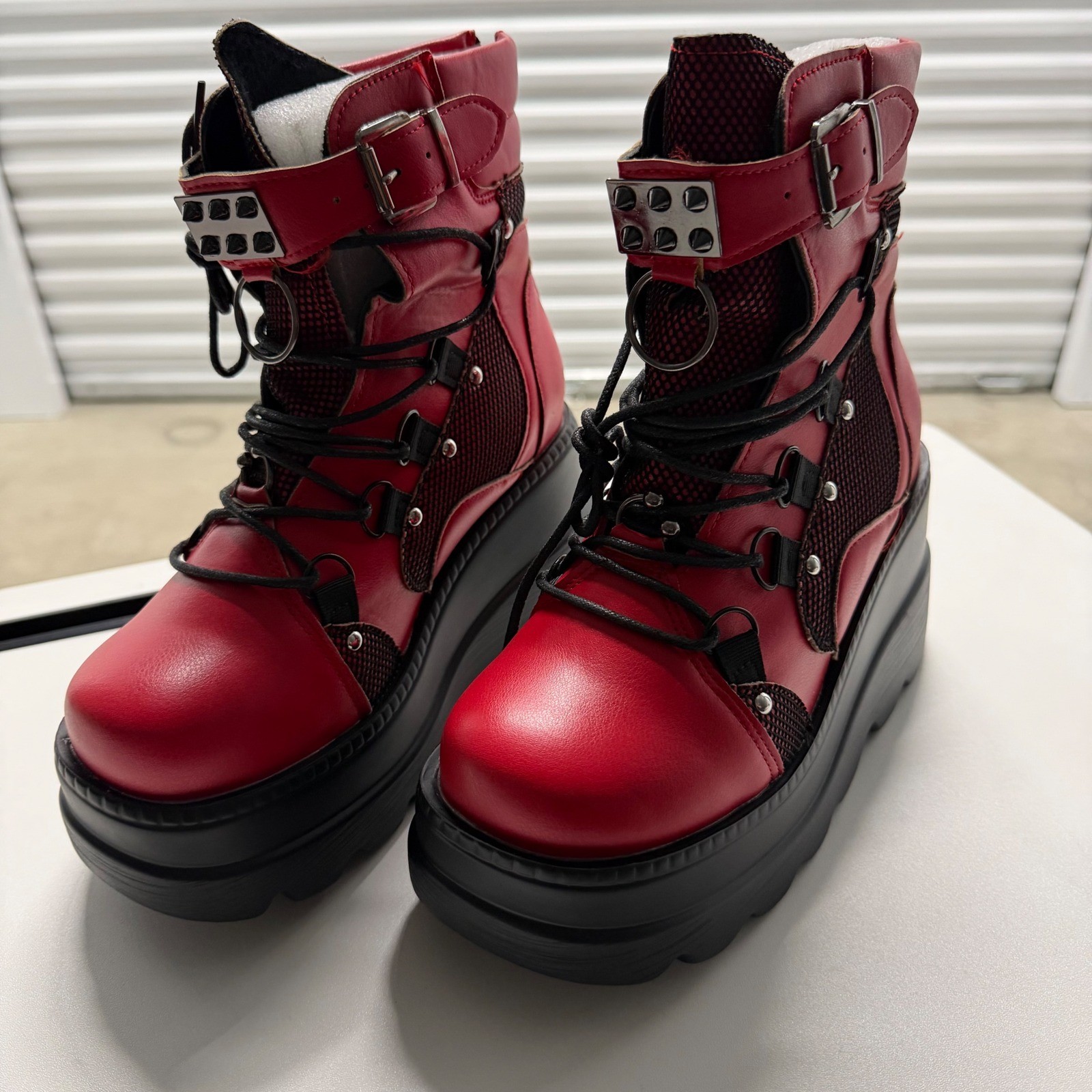 Red Platform Boots Gothic Punk Studded Mesh Wedge Ankle Boots Red Black Size 38