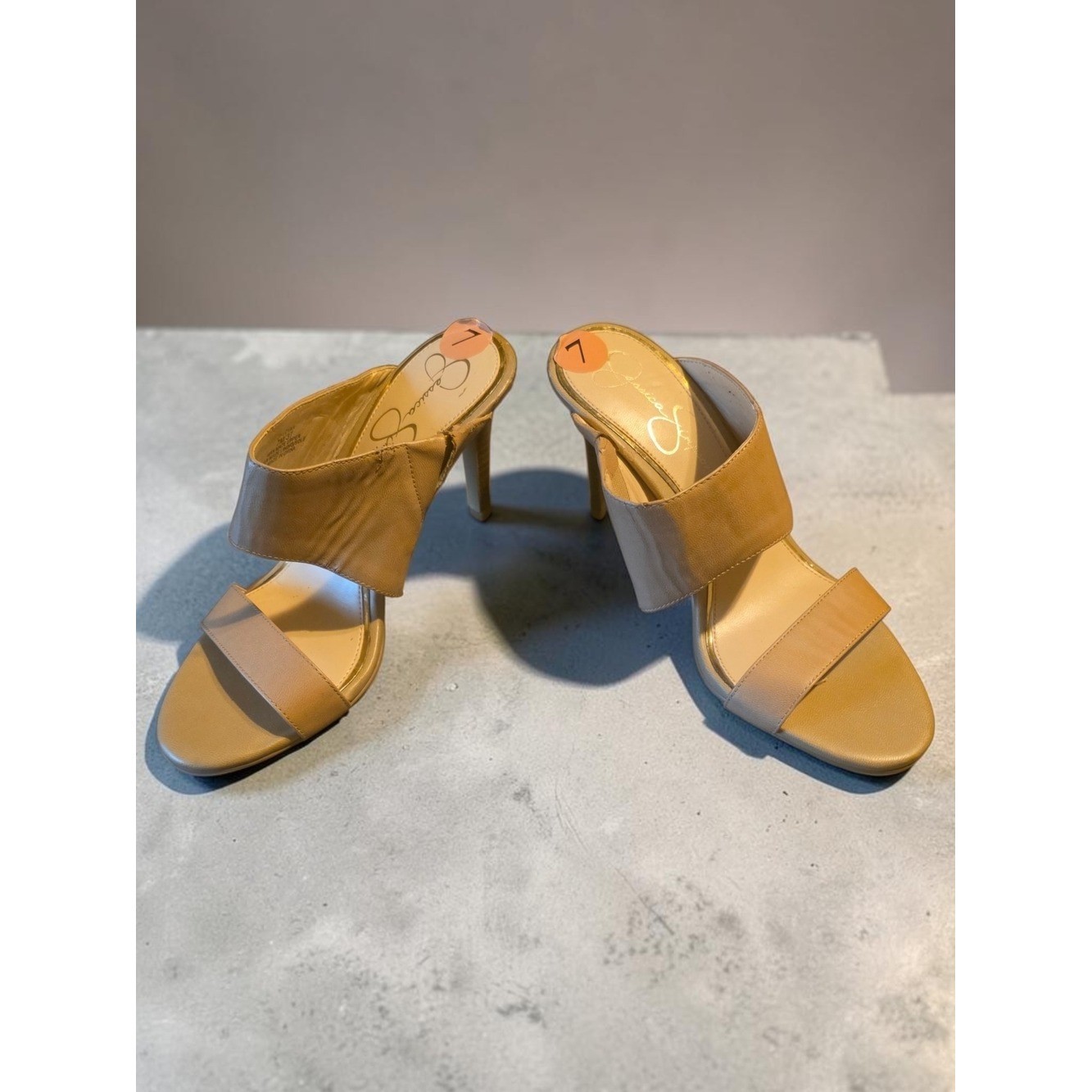 Jessica Simpson Tan Double-Strap Slide Heels