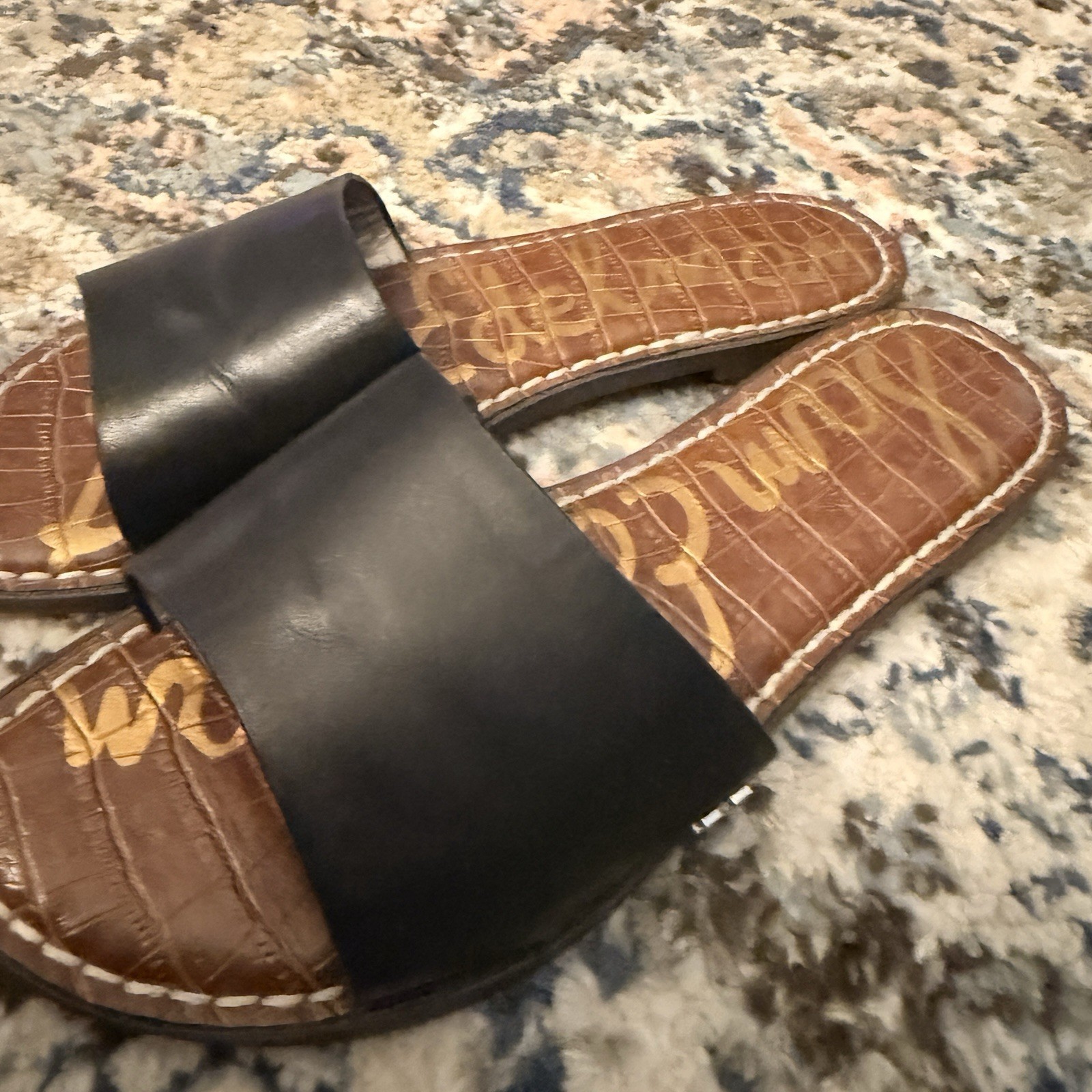 Sam Edelman Women’s Leather Slide Sandals Croc Embossed Logo Black US 6.5