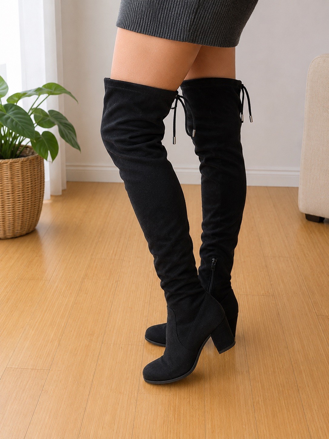 Women’s Black Over the Knee Stretch Suede Boots Block Heel Size 6.5