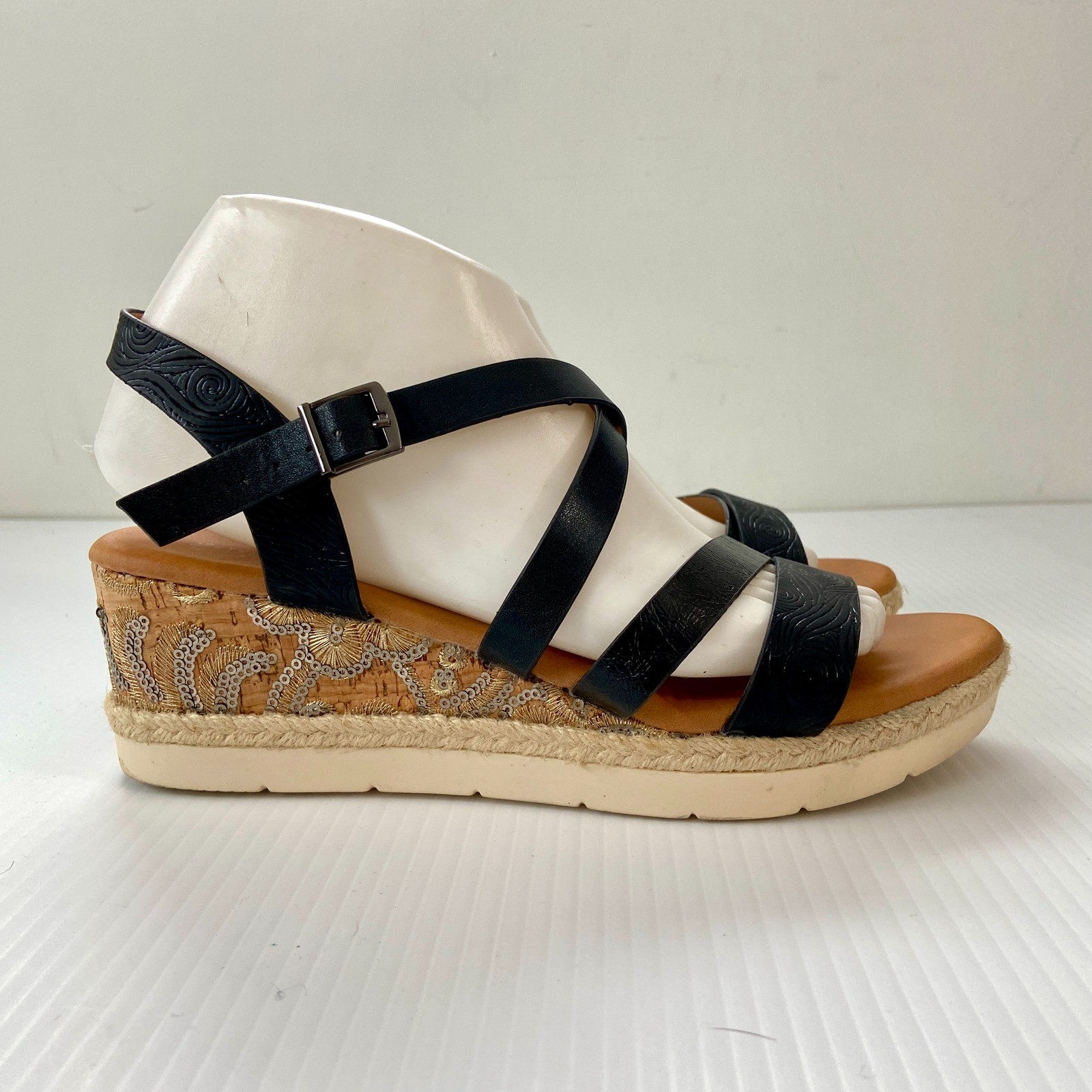 Patrizia Black Leather Cork Wedge Heel Strappy Sandals Womens EU 40 US 9