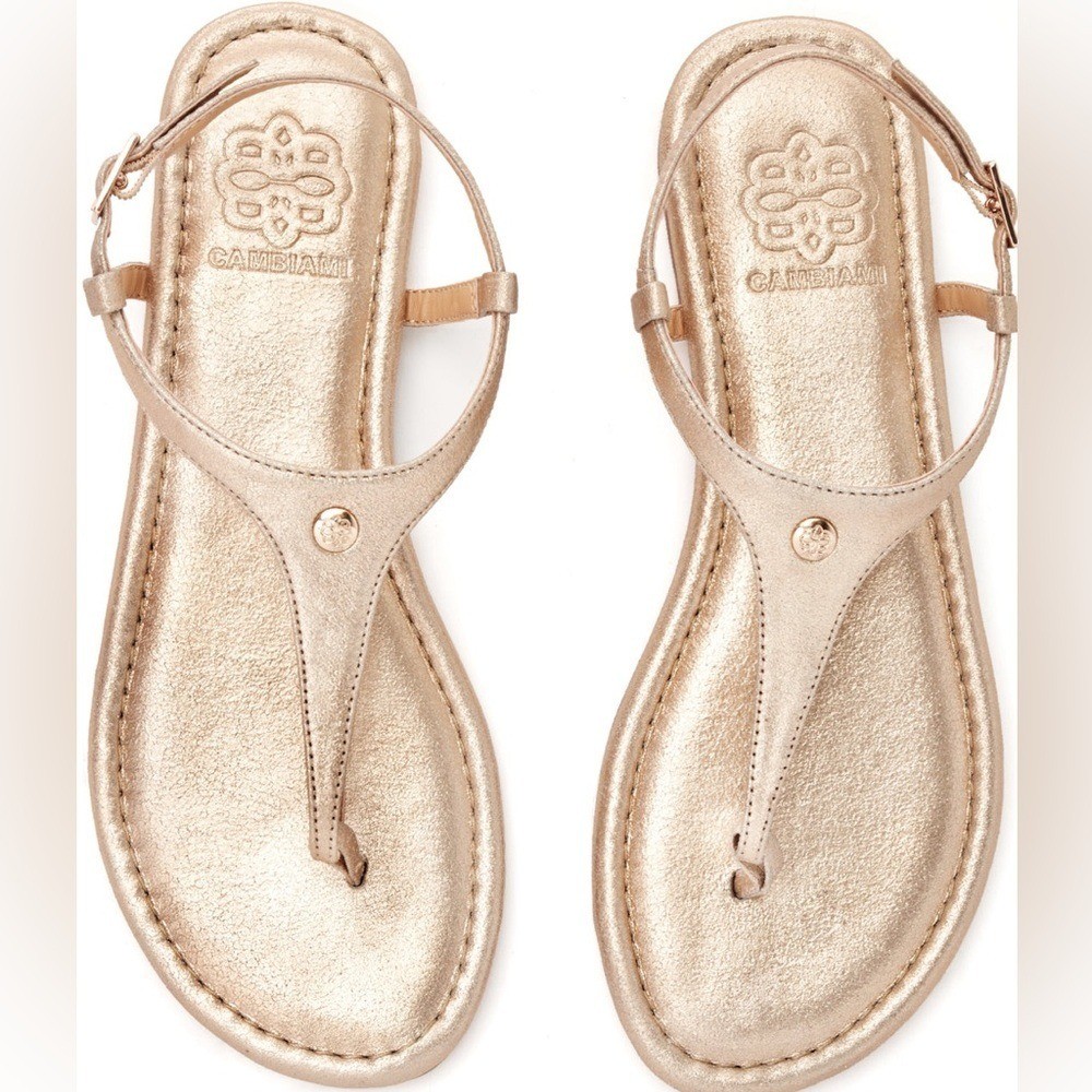 NWOT Cambiami Champagne Metallic Leather Thong Sandals Soles and Straps size 10