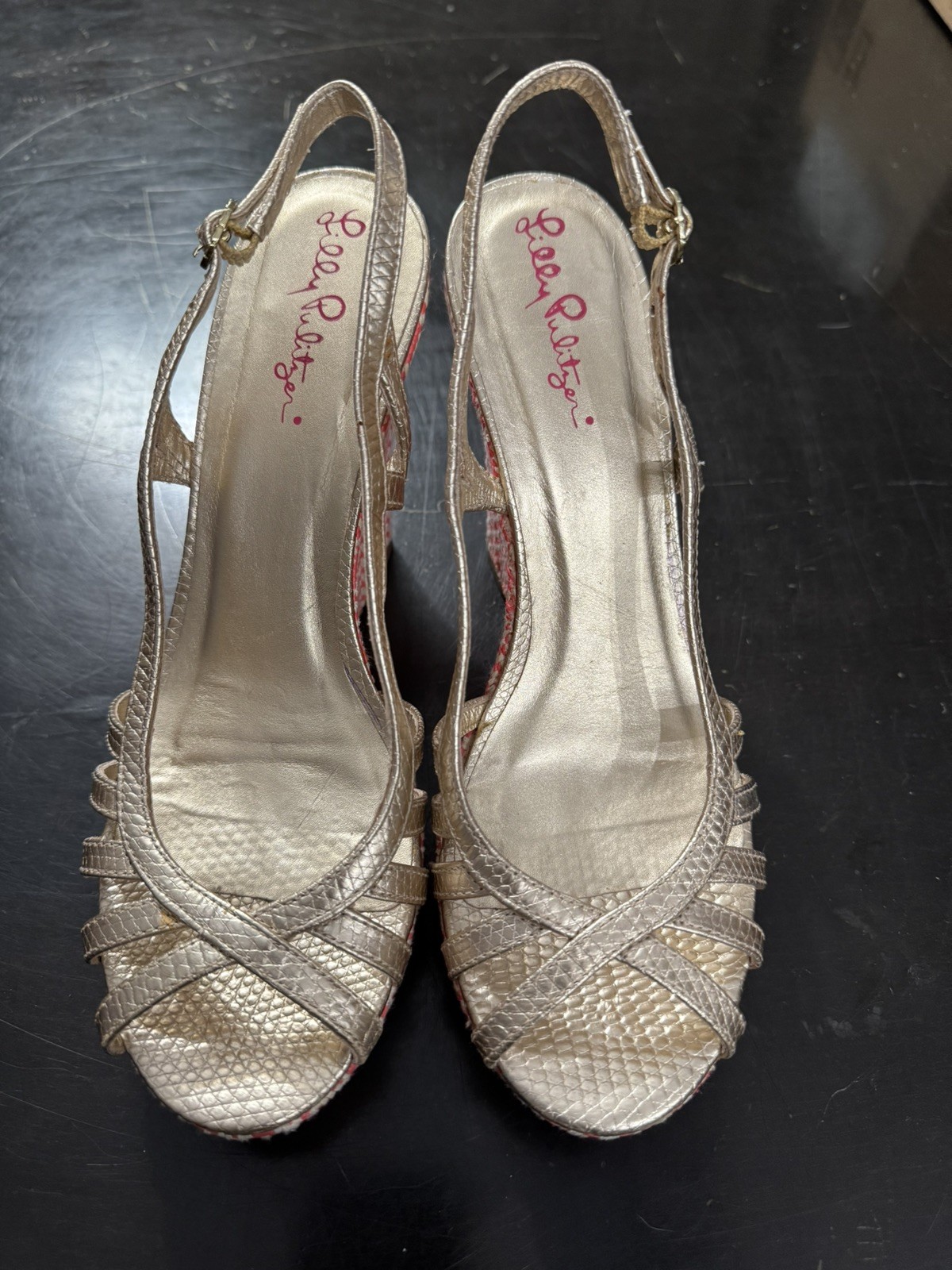 Lilly Pulitzer Sophie Gold Metallic Leather Raffia Wedge Platform Sandals 7.5