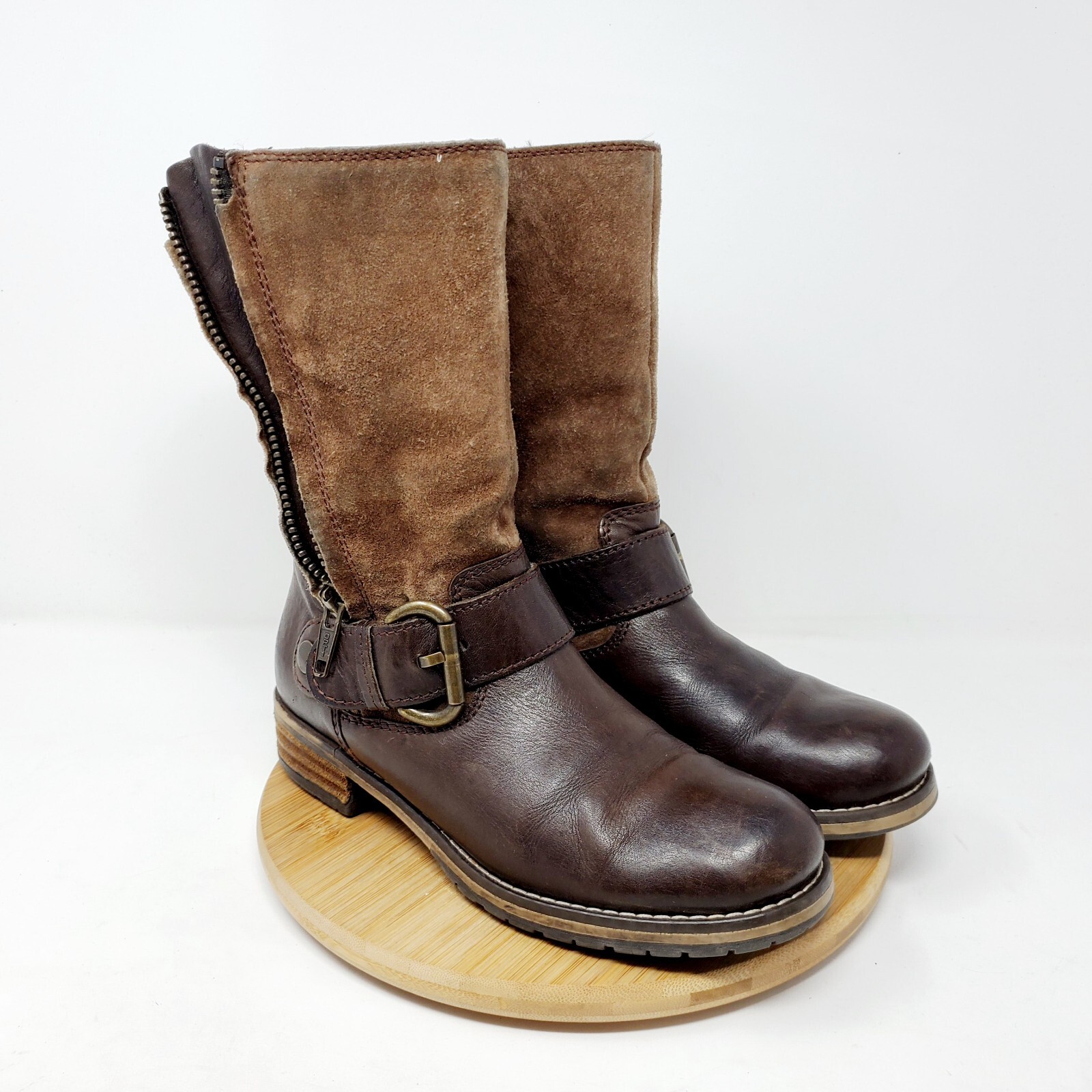 Clarks Majorca Isle Boots Womens 5.5 Brown Belted Buckle Moto Pull On Zip Shoes