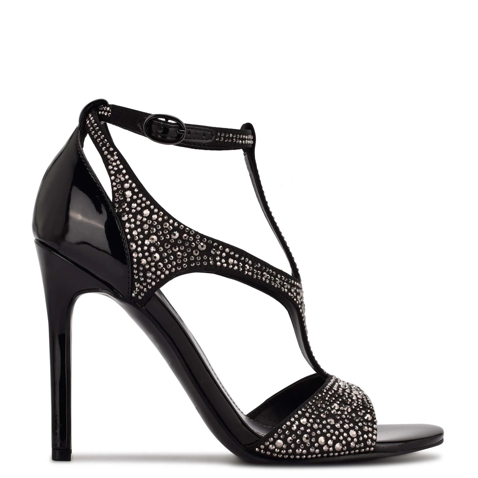 NINE WEST – MEETO, Black faux patent studded 4.25″ stiletto sandals, SZ 7.5