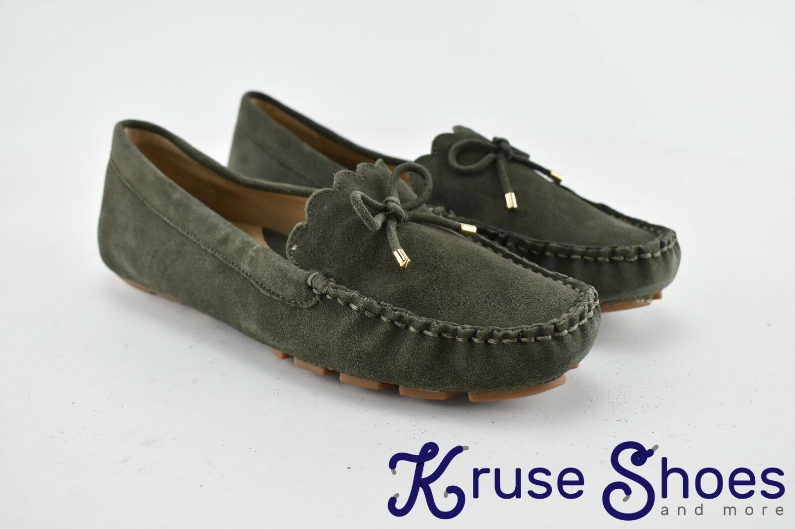 Lands’ End Women’s «Deep Olive» Scalloped Suede Driving Mocs Size 7D