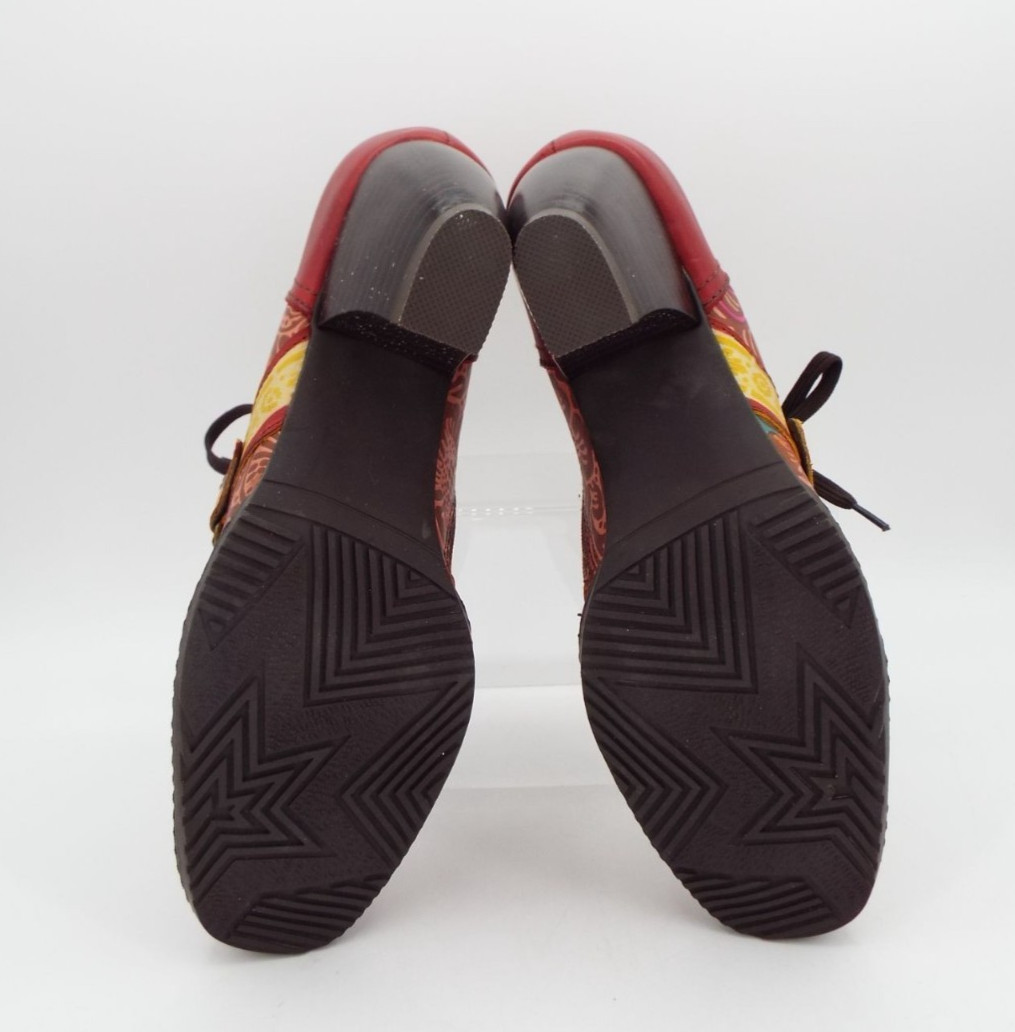 Socofy Women’s Boho Red Multicolor Floral Leather Lace Up Booties Size 37
