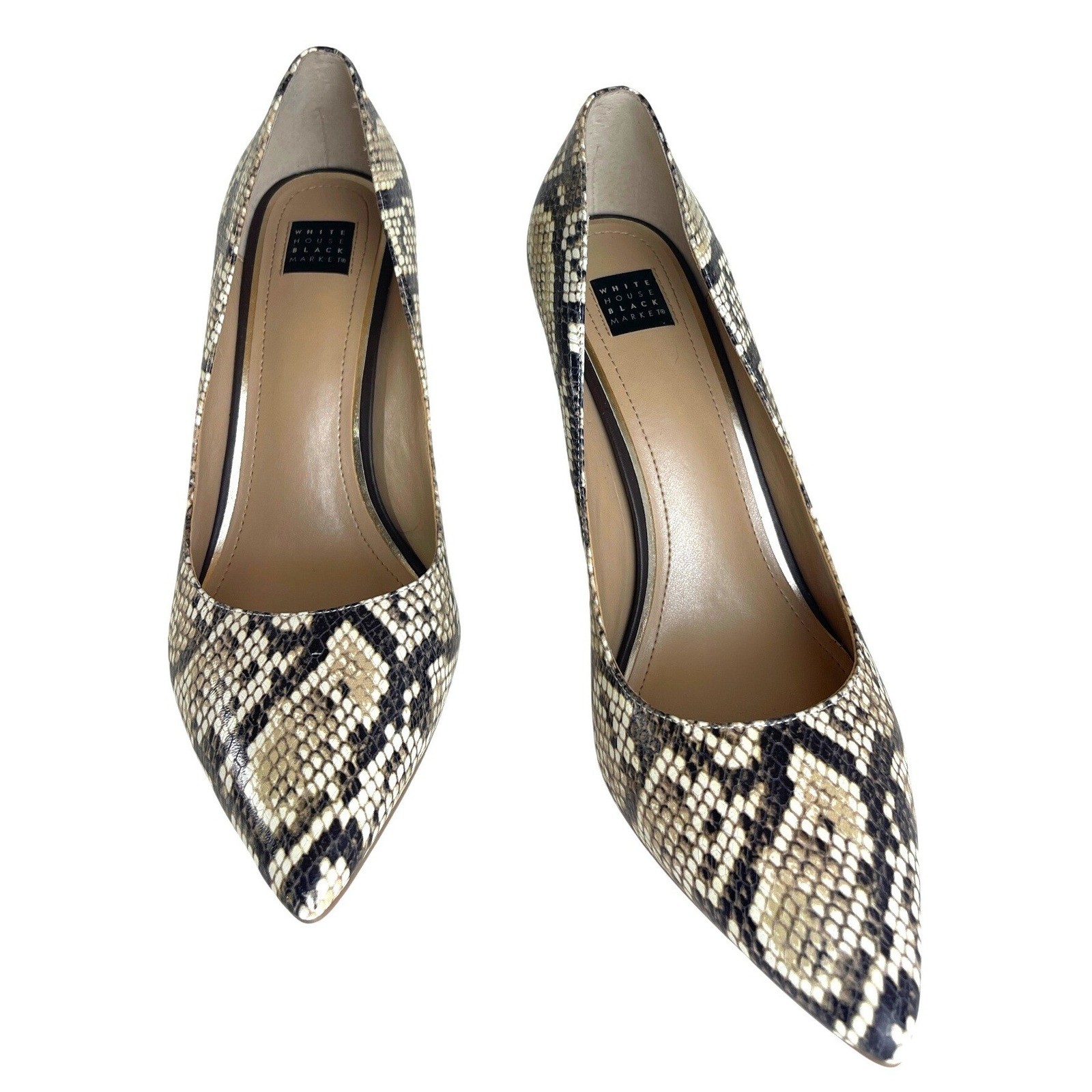White House Black Market Snakeskin Embossed Pointed Toe Pumps Grey Cream Heels