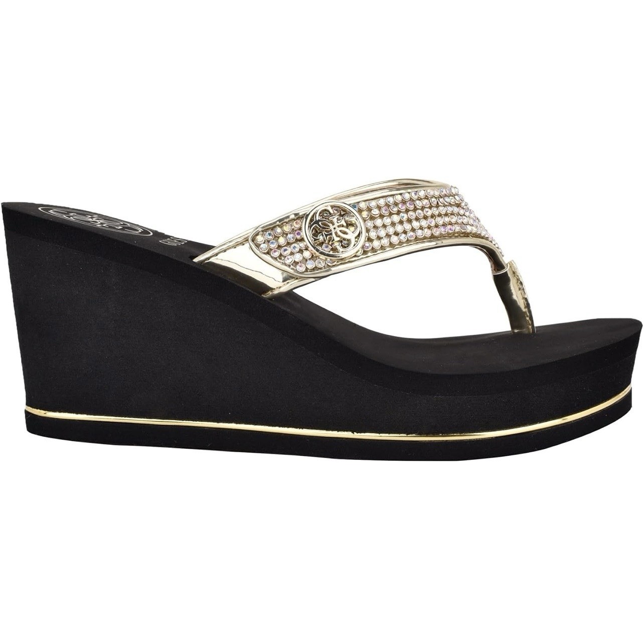 GUESS Women’s Gwsarraly ~ 3″ EVA wedge heel ~ Black/Gold ~ Size 10