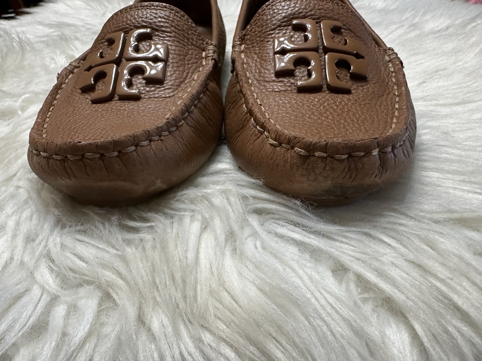 Tory Burch Everly Driver Tumbled Leather Brown Moon Size 7 M See Photos Logo