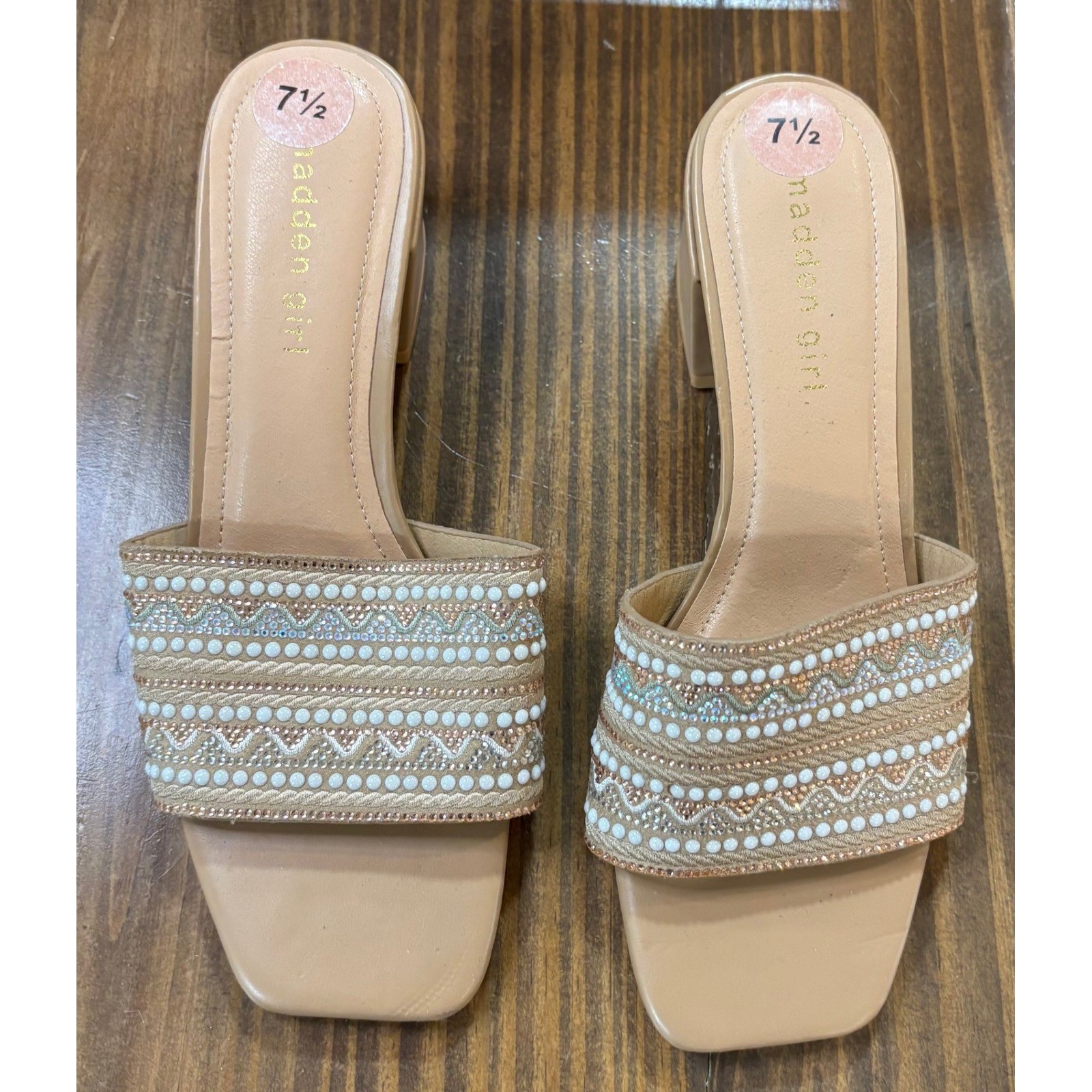 Madden Girl Womens Tan Beaded Rhinestone Block Heel Slide Sandals Size 7.5 Mule