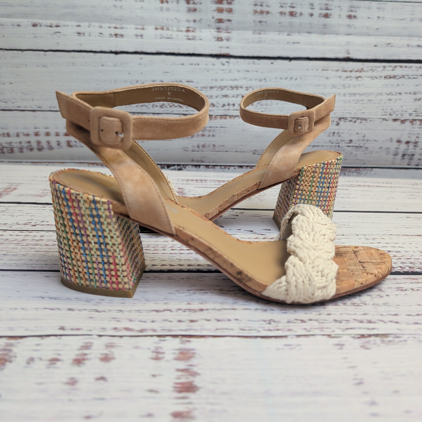 Johnny Was Women’s Braid Block Heel Multicolor Sandals Beige Suede Upper Size 8