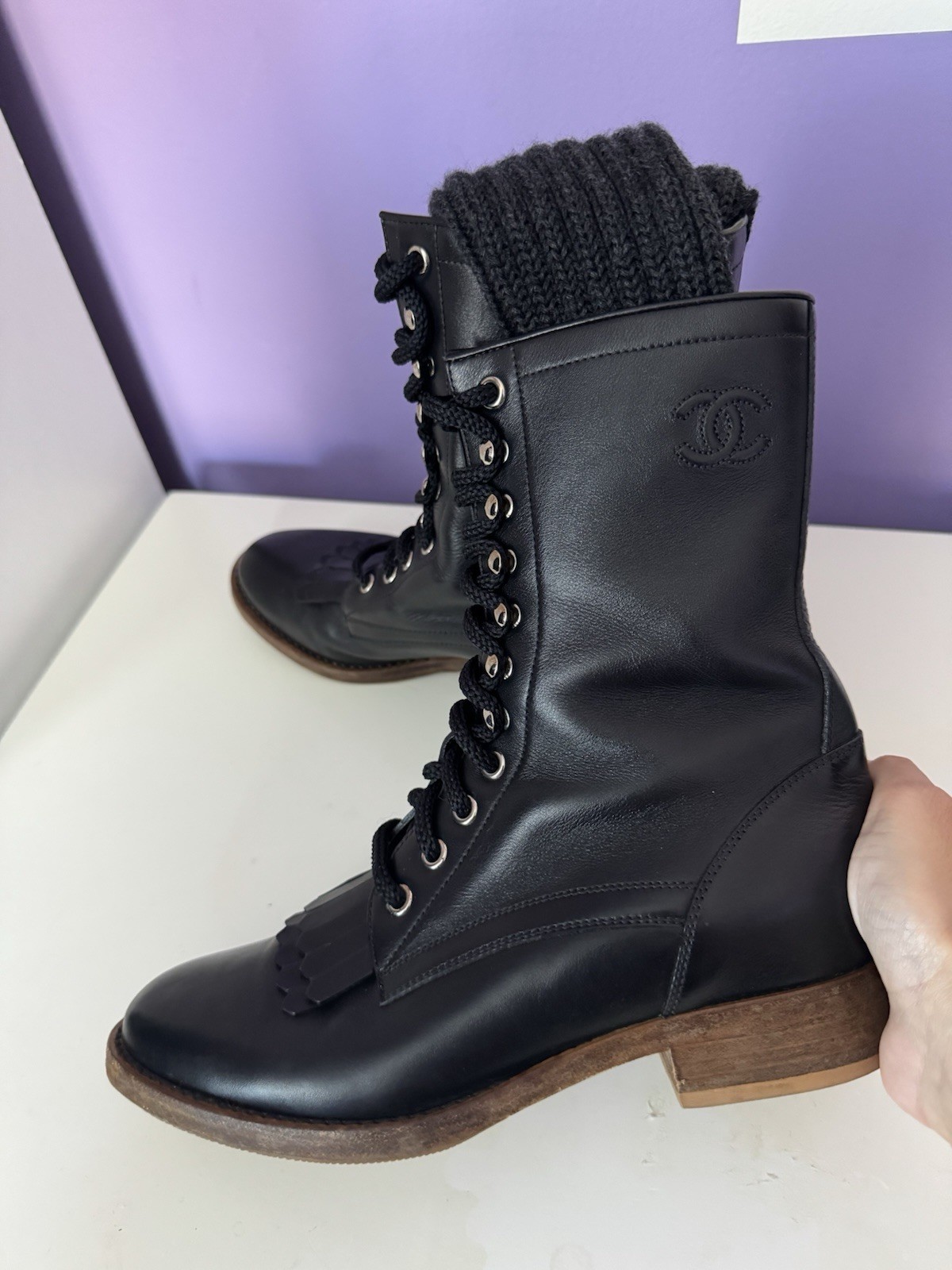 Chanel Black Leather Lace Up Combat Knit Sock Boots Size 38 EU
