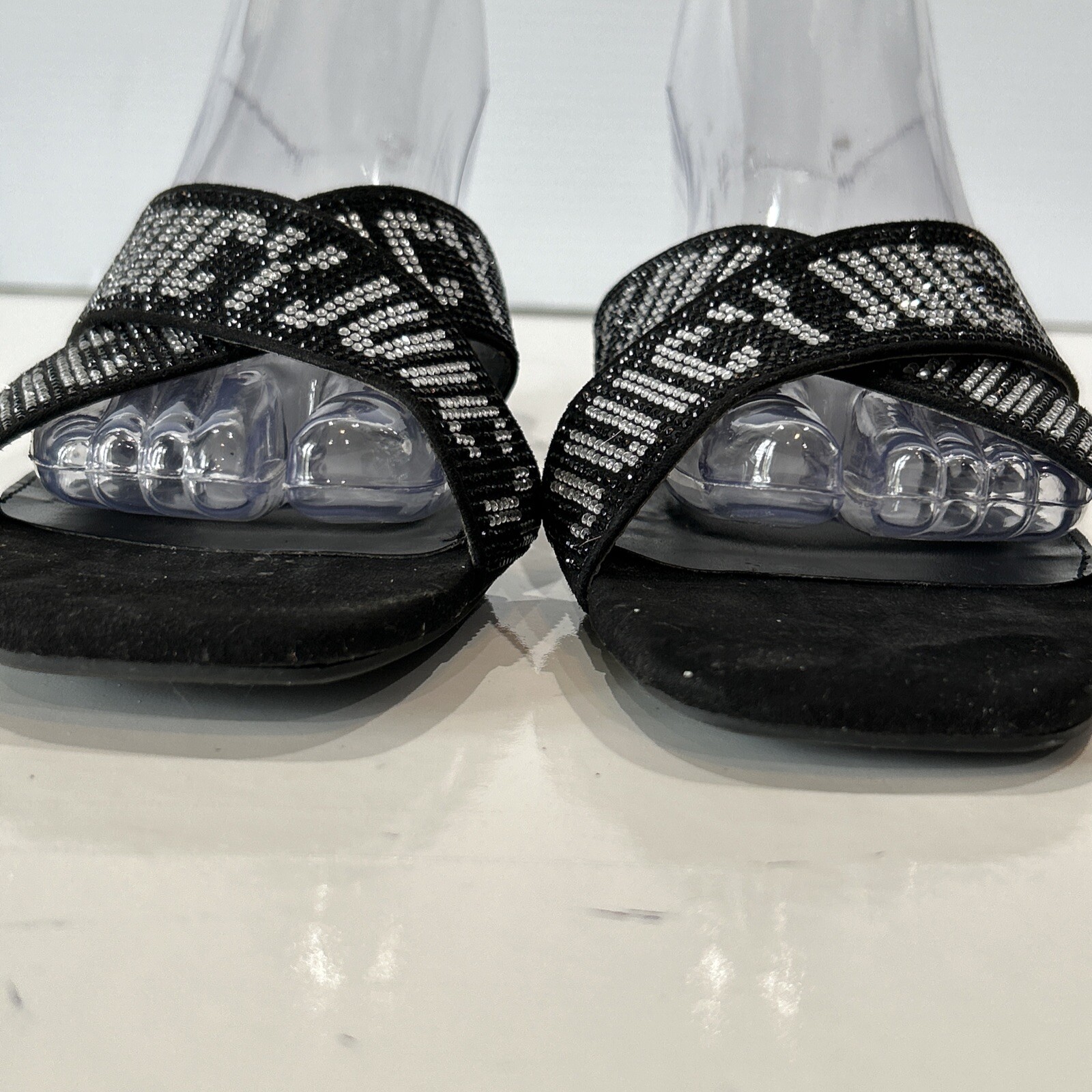 Juicy Couture 8.5 Crystal Logo Black Cross Over Sandals Bling Slip On Shoes