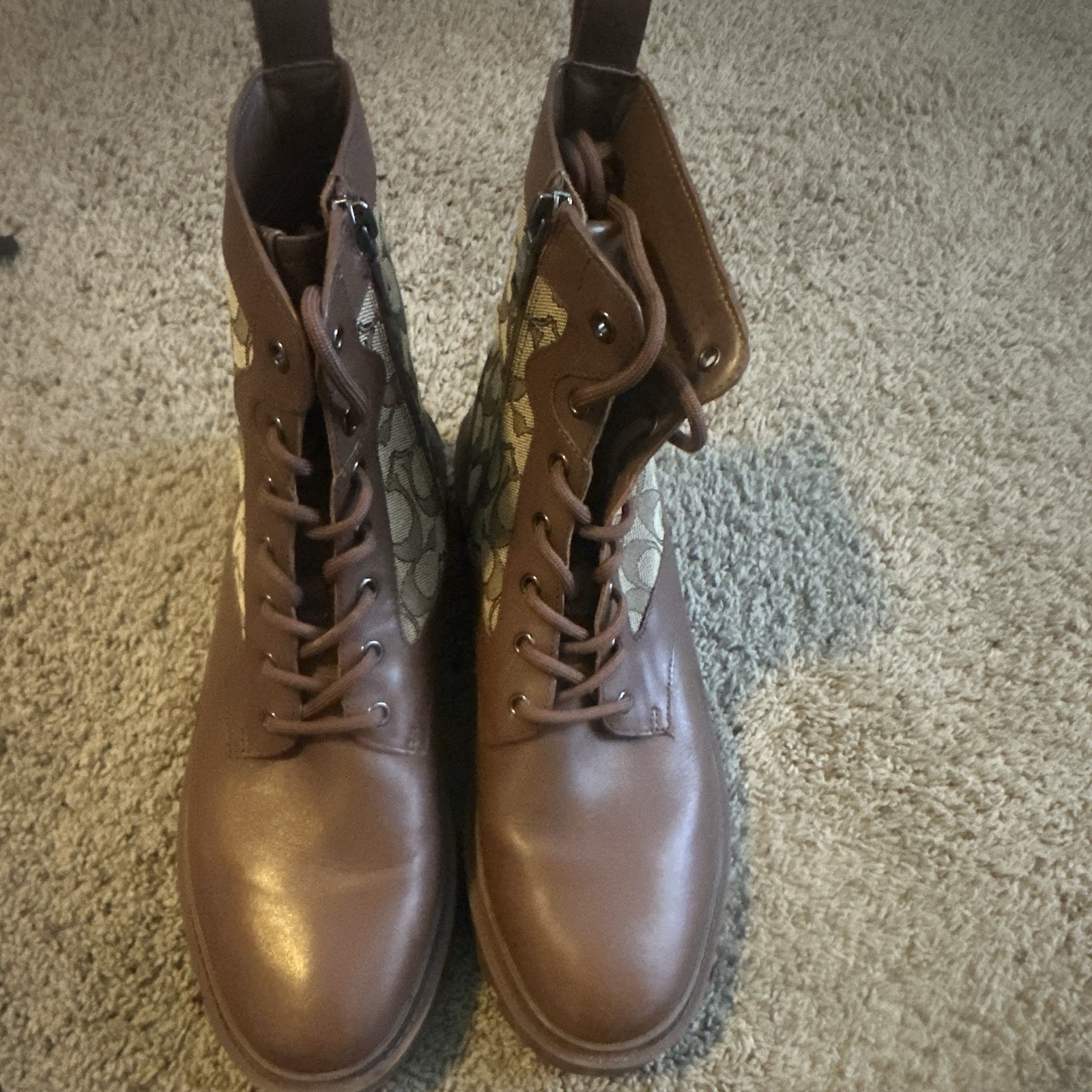 Coach Signature Monogram Canvas Leather Combat Ankle Boots Lug Sole Zip 11.5