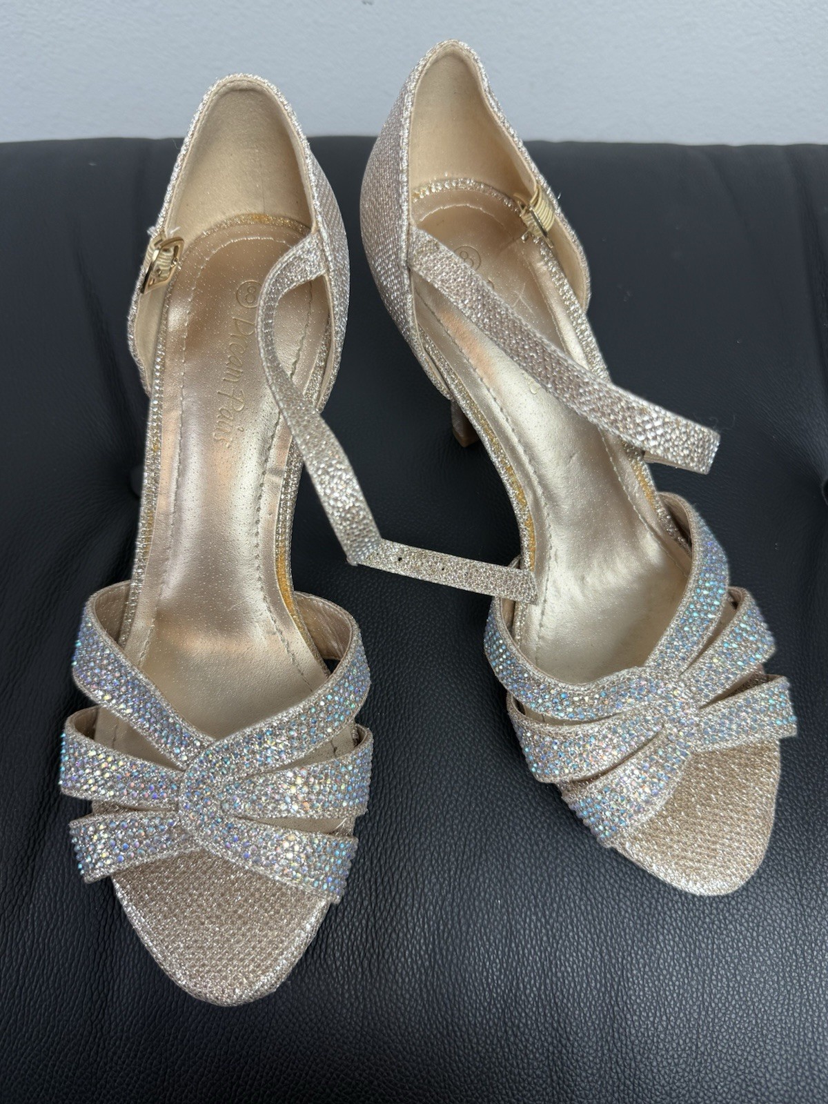 Women’s Gold Glittery Rhinestone Ankle Strap Heels size 8 Wedding Guest Party