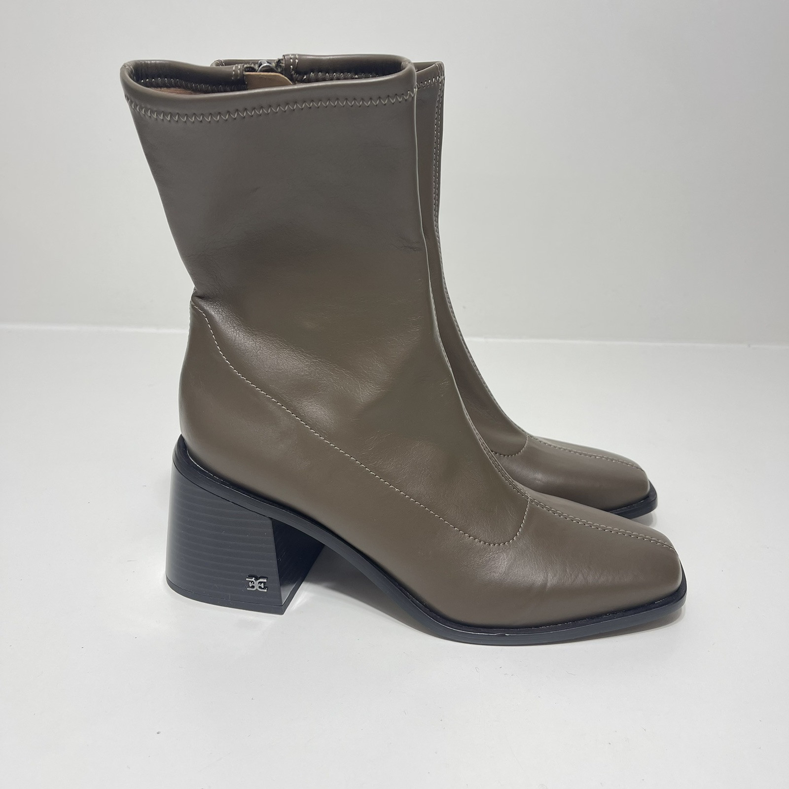NWOB Sam Edelman Taupe Wells Calf High Boot Square Toe 3″ Block Heel Zip Sz 7.5