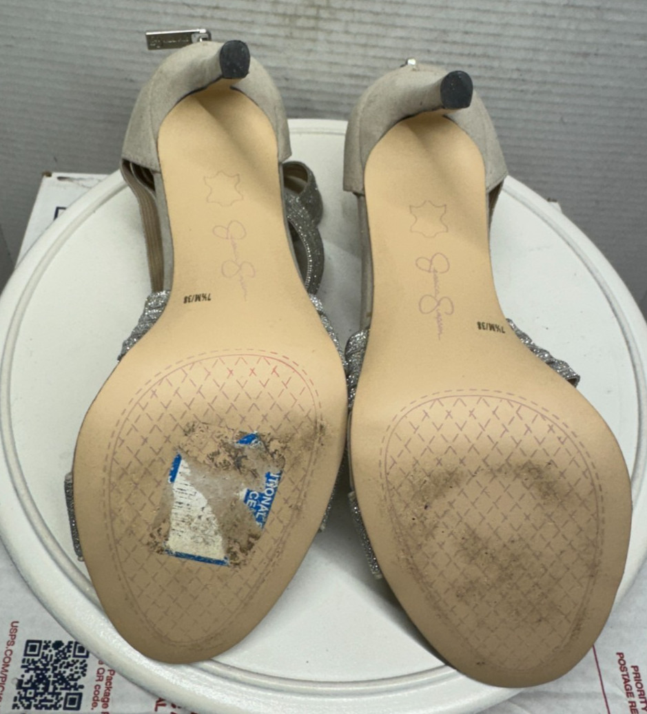 Jessica Simpson Jivero Women 4.25 Stiletto Heel Sandals Silver Zip Strap 7.5 38