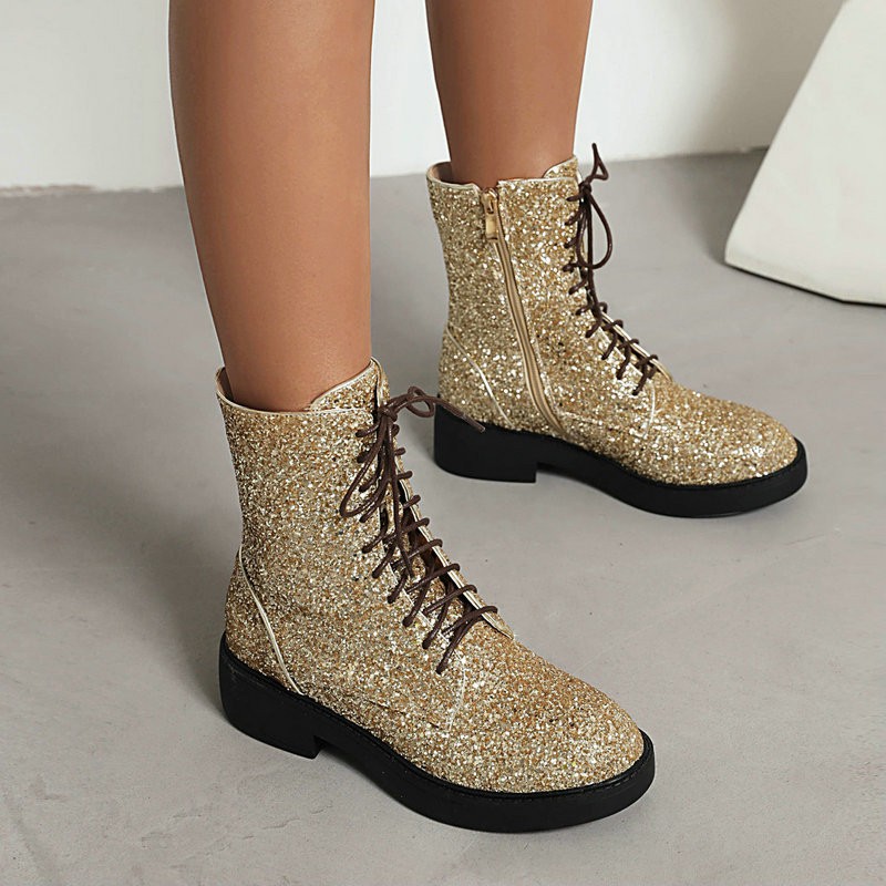 Women’s Glitter Sequins Ankle Boots Lace Up Performance Cosplay Shoes Plus Size