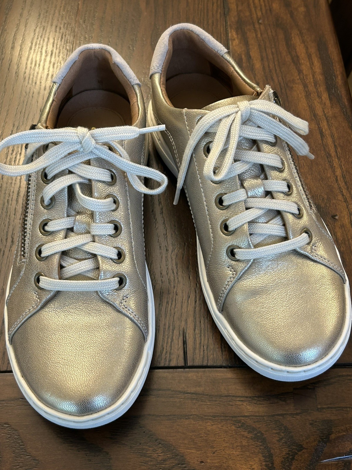 New Women Clarks Mykah Joy Side Zip Gold Leather Sneakers Shoes 6