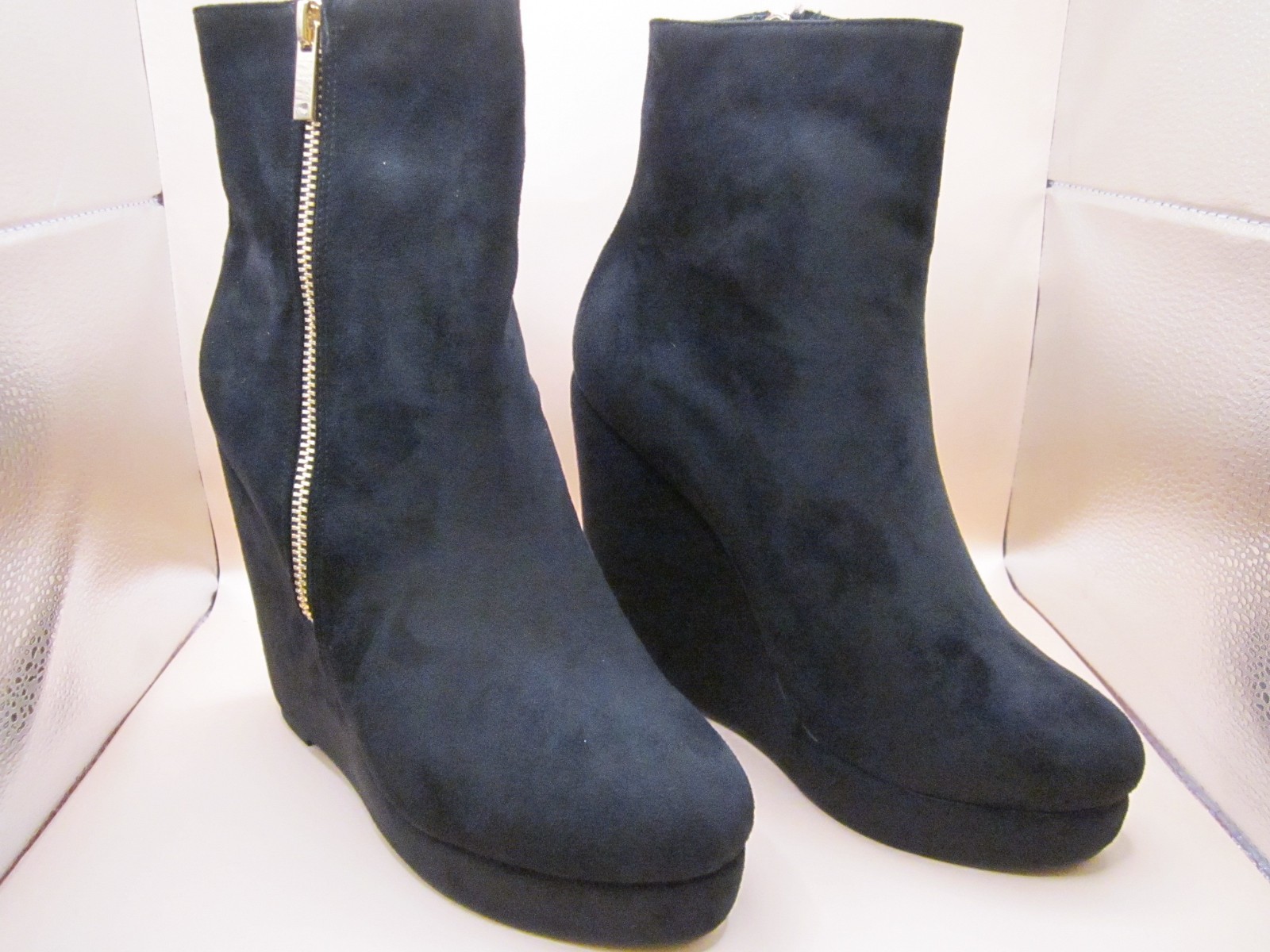 FSJ shoes Black Vegan Sued closed toe zipper platform wedge size 8