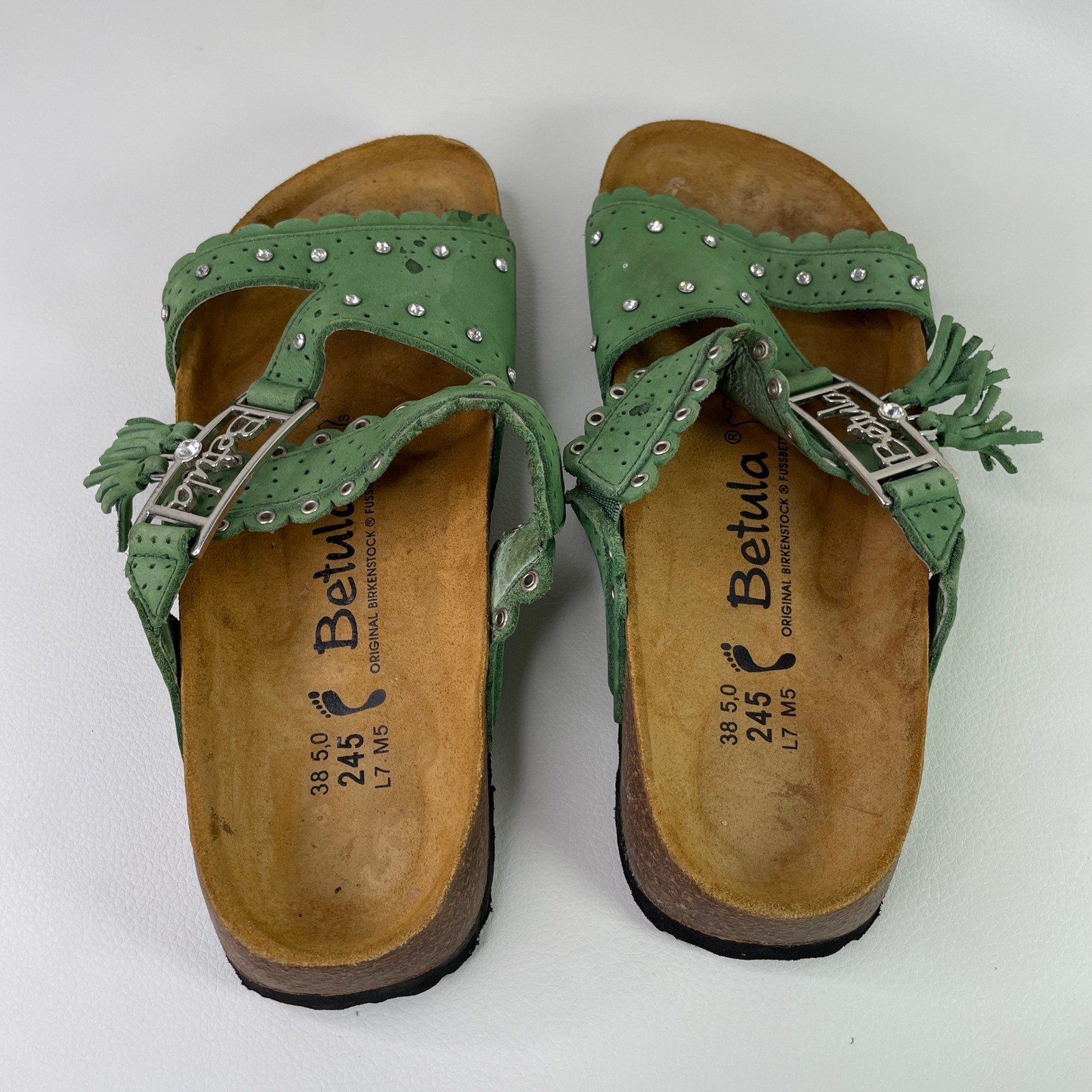 Original Birkenstock Betula Green Leather Rhinestone Tassel Sandals Women 38 L7