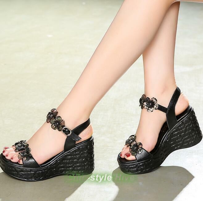 Women Floral Casual Retro Platform Wedge Heels Peep Toe Fashion Sandals Shoes