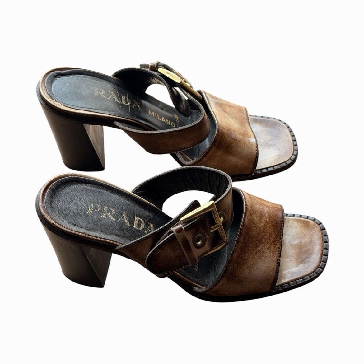 Vintage PRADA Women’s Brown Leather Slide Sandals Buckle Logo Ankle Strap EU 36