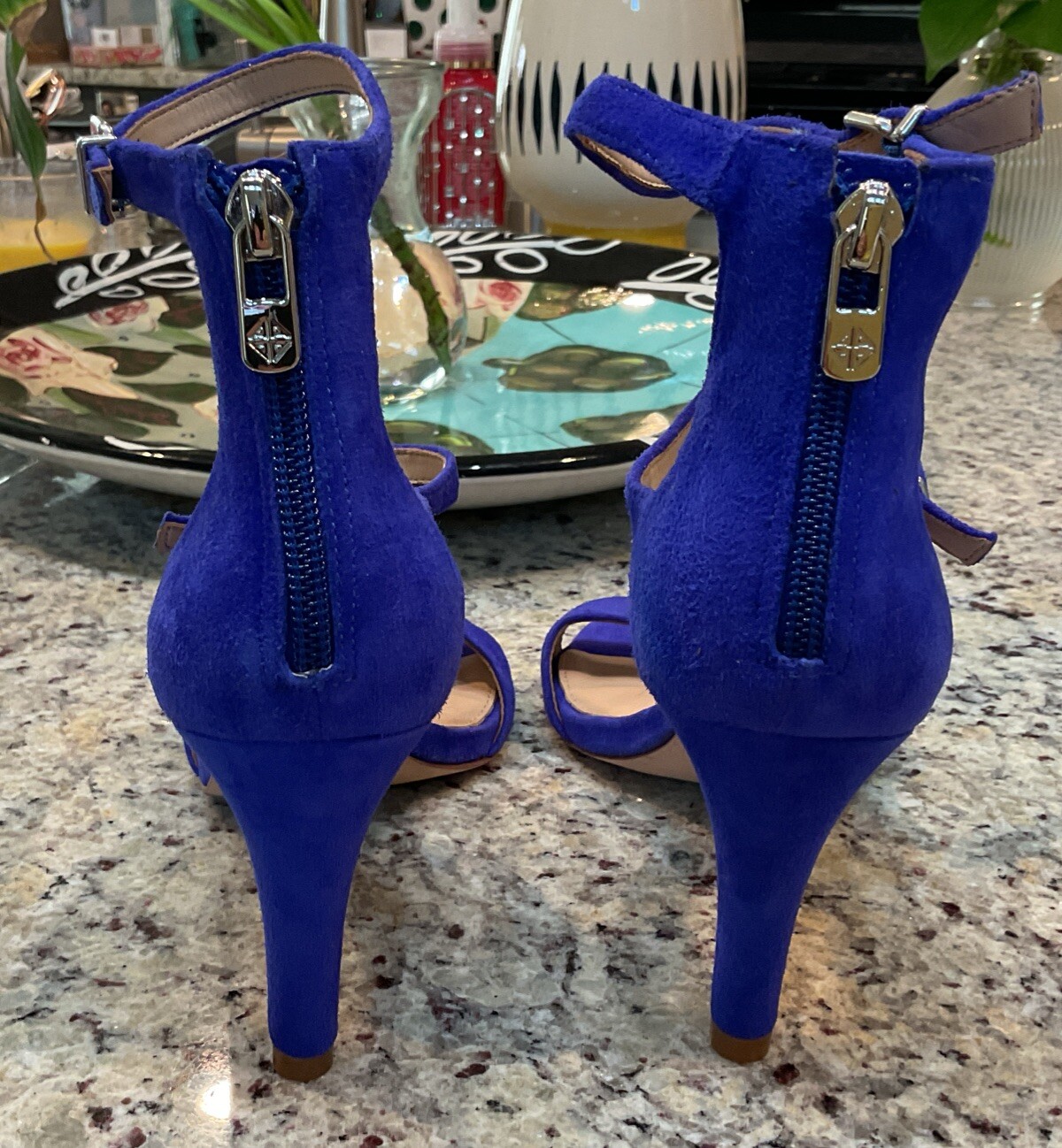 ANTONIO MELANI Womens Sz 8 M BALDTYN Blue Suede Double Strap-Zip Back High Heel