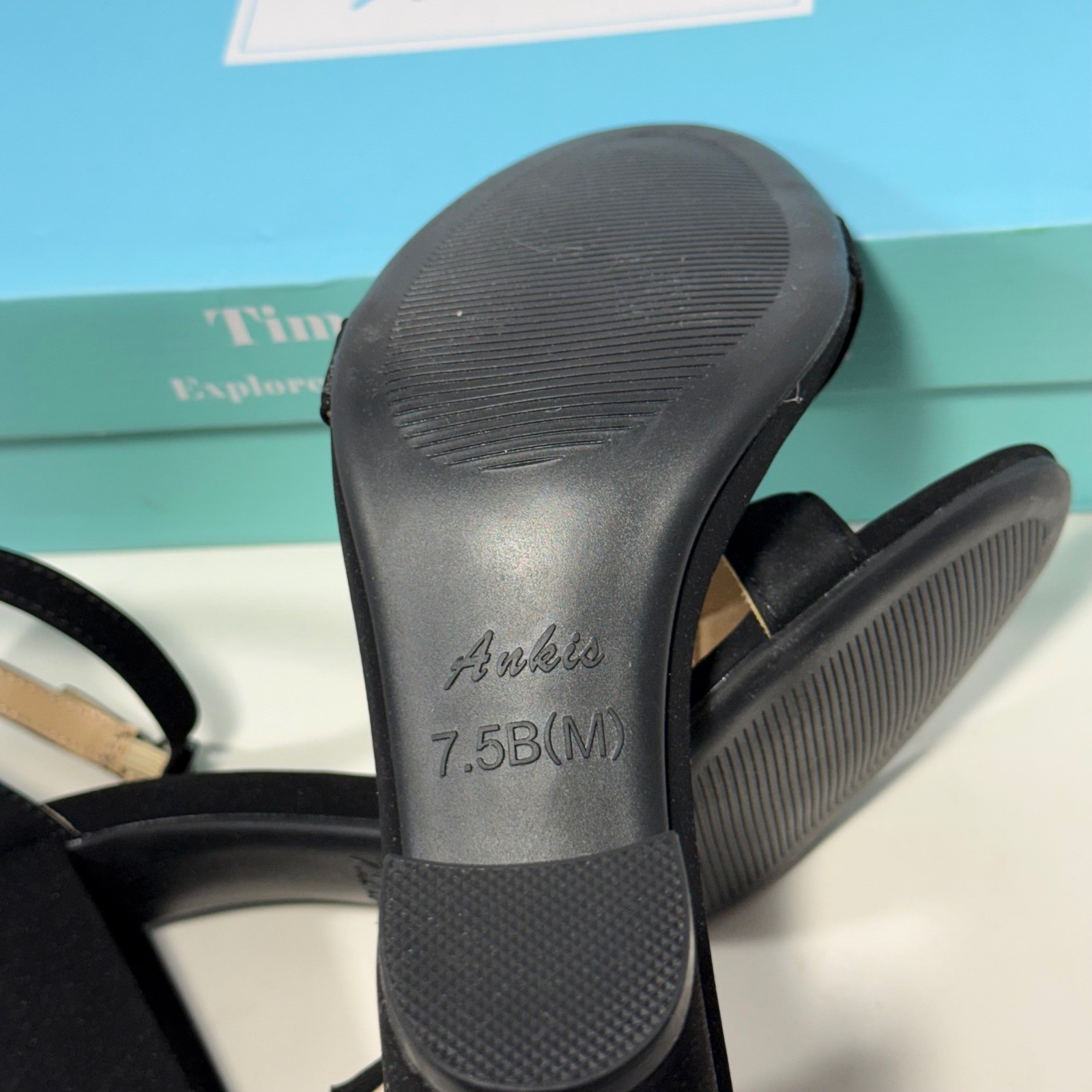 Ankis Women Black Faux Suede Block Heel Ankle Strap Sandals Size 7.5 Open Toe