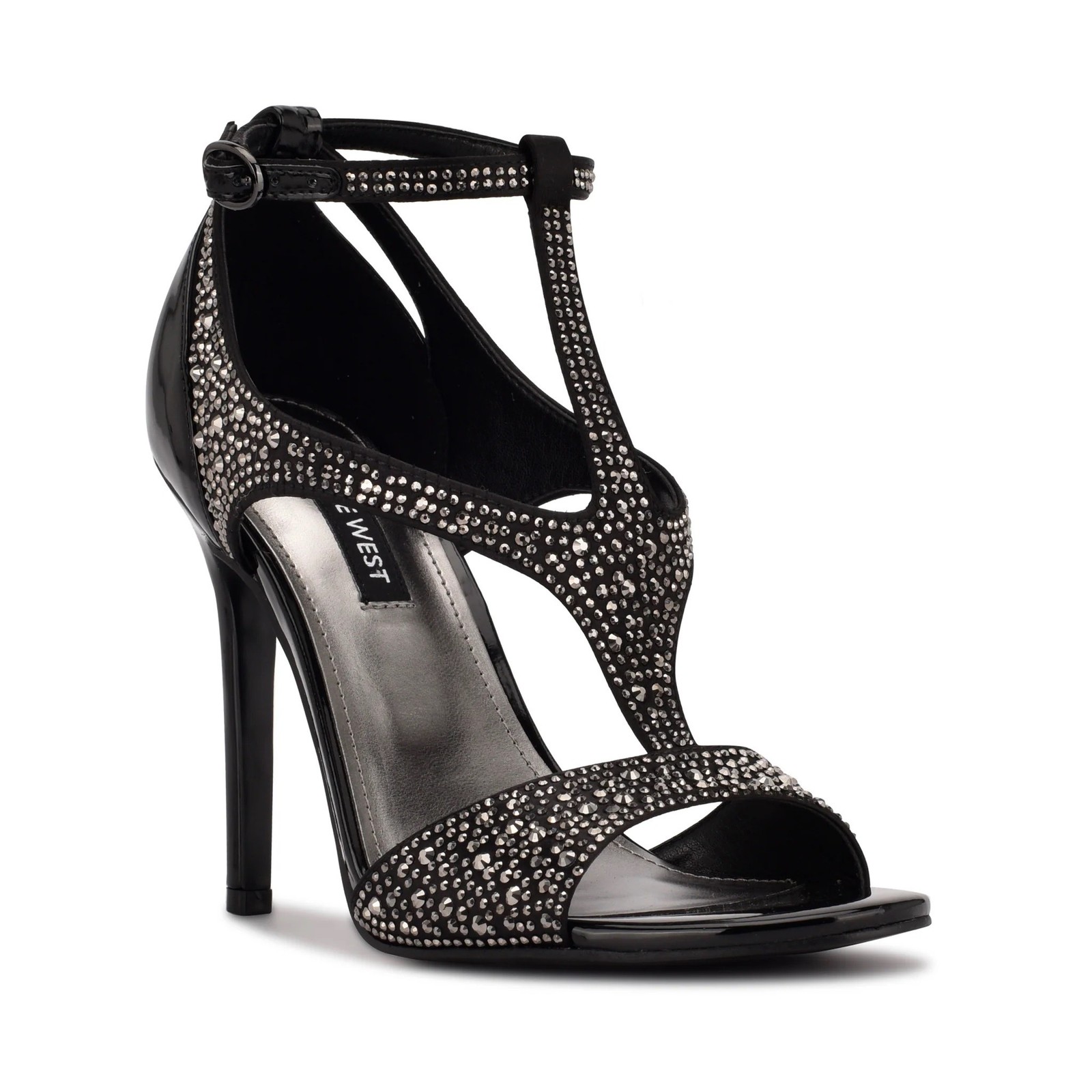 NINE WEST – MEETO, Black faux patent studded 4.25″ stiletto sandals, SZ 6.5