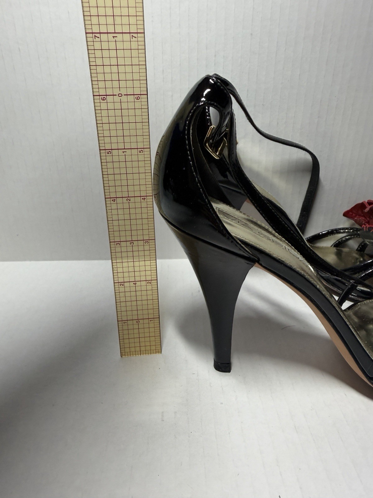 Preloved Via Spiga Heel Sandal In Black With Red Flower Sz 8 Patterned Leather
