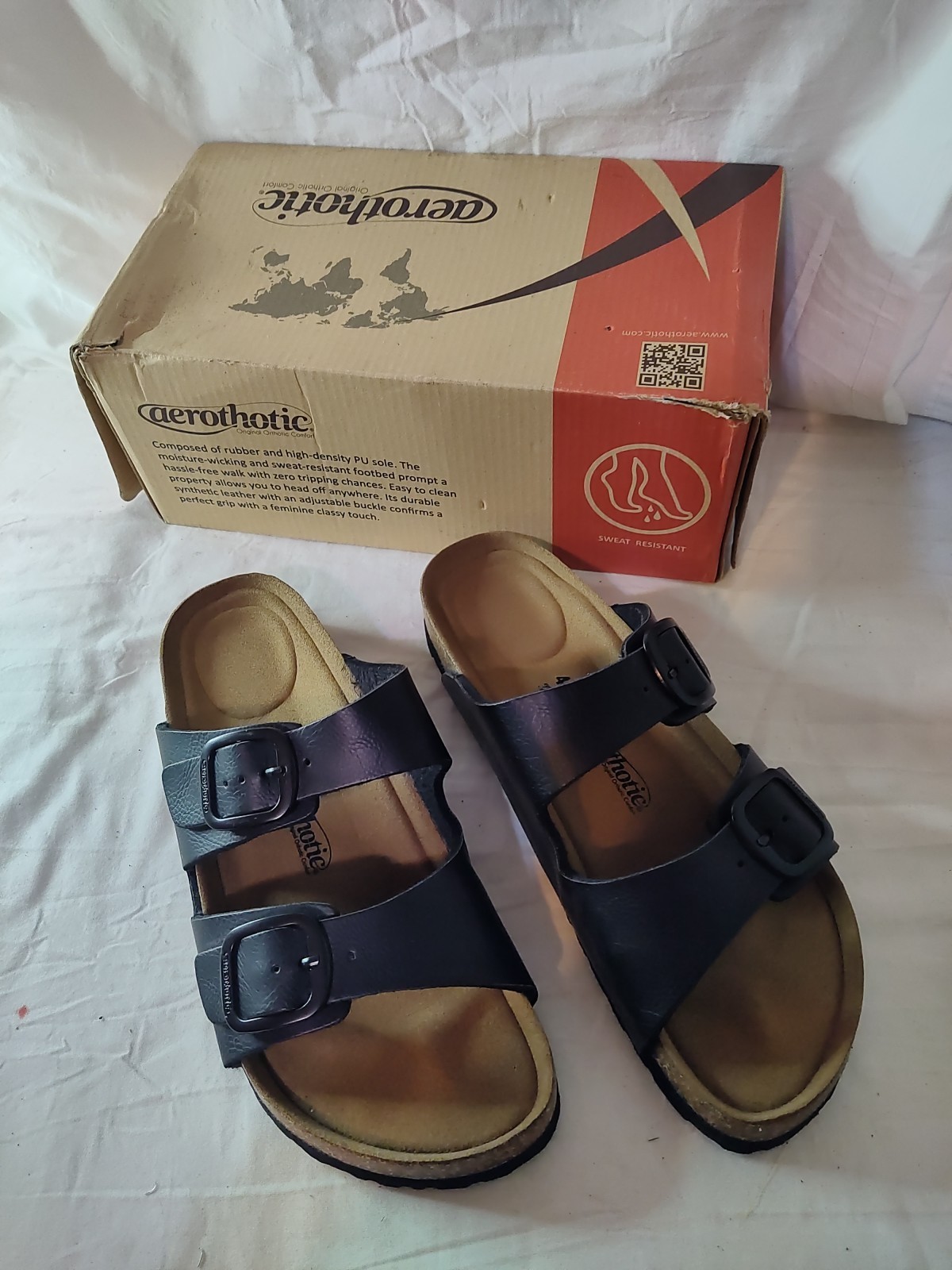 Aerothotic Cork Slides Womens Sz 10 Black Synthetic Leather Adjustable Straps