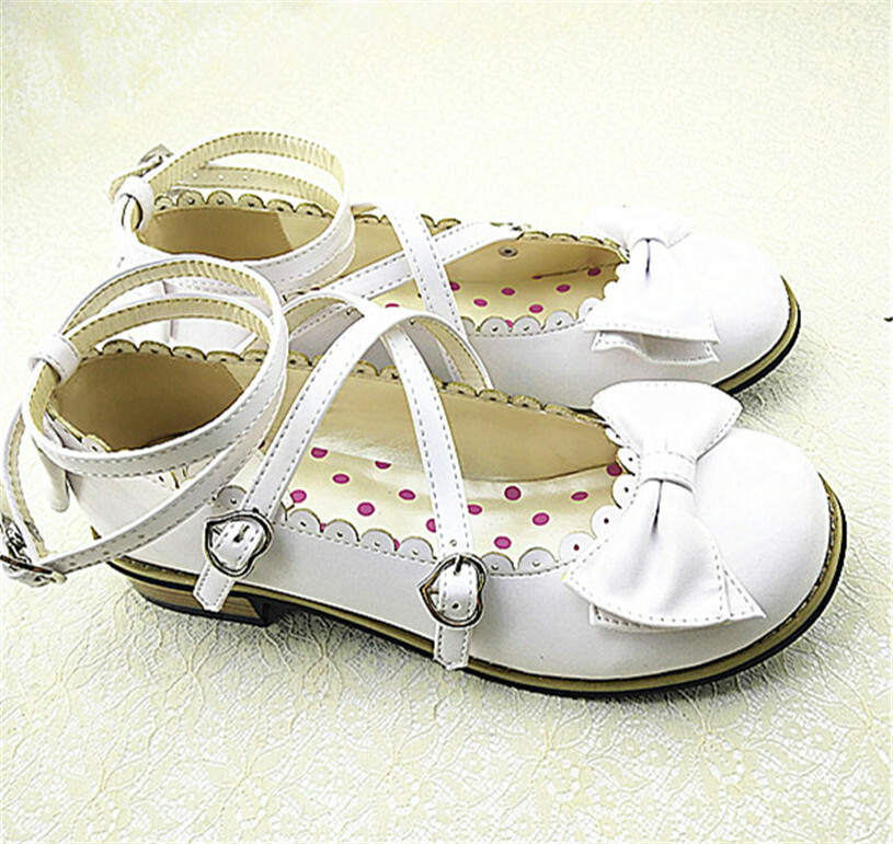 Women Lolita Low-heeled Mary Jane High Heel Cross Straps Bow Knot Princess Shoes