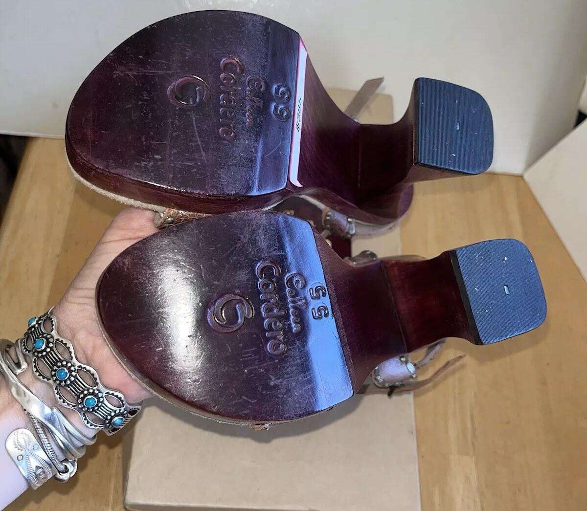 Calleen Cordero studded Kaia Metallic leather Wood Hourglass Heel Sandals Sz 5.5