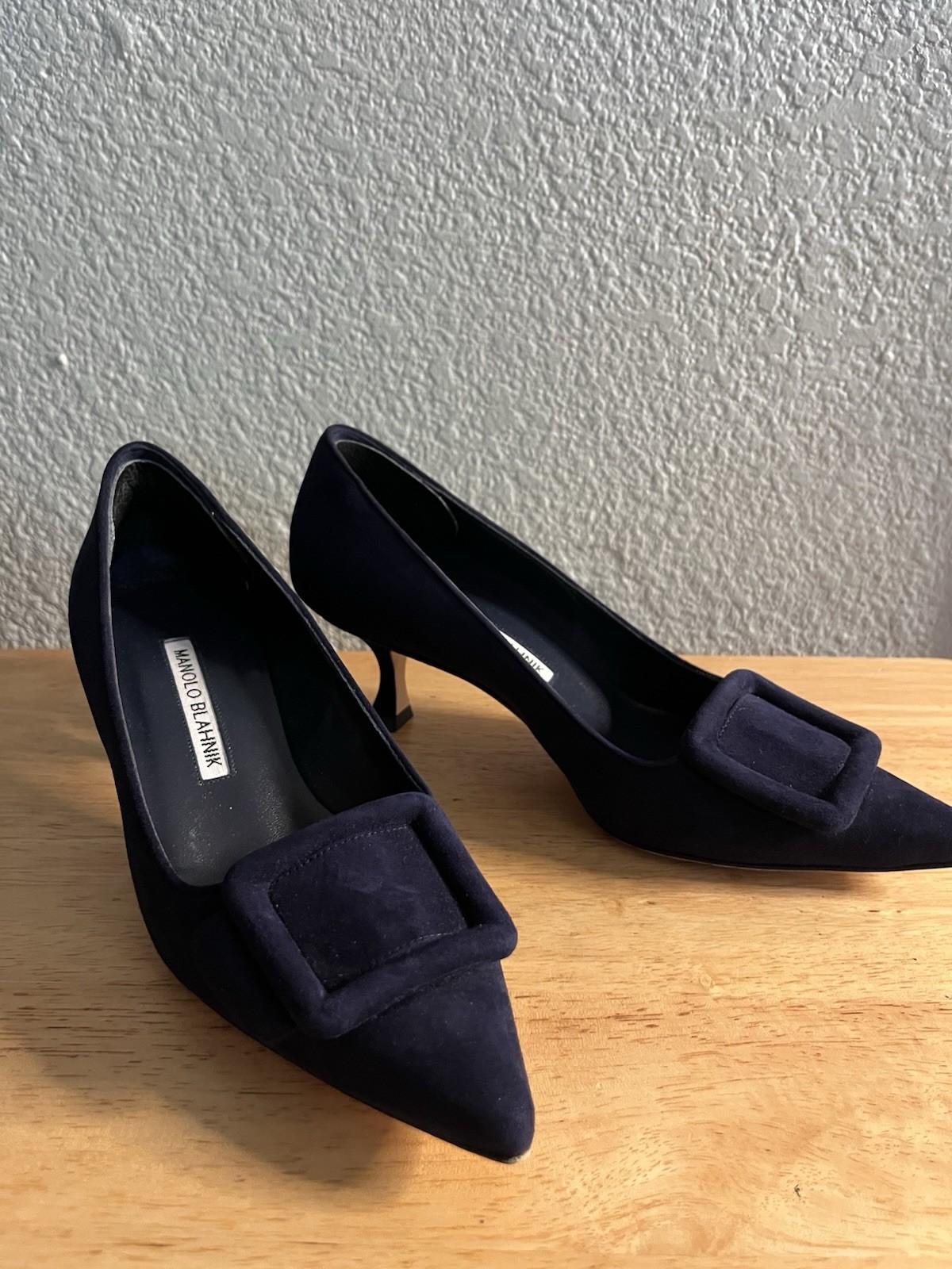 Manolo Blahnik Blue Suede Pointed Toe Pump Heels w/ Buckle Accent, US 6