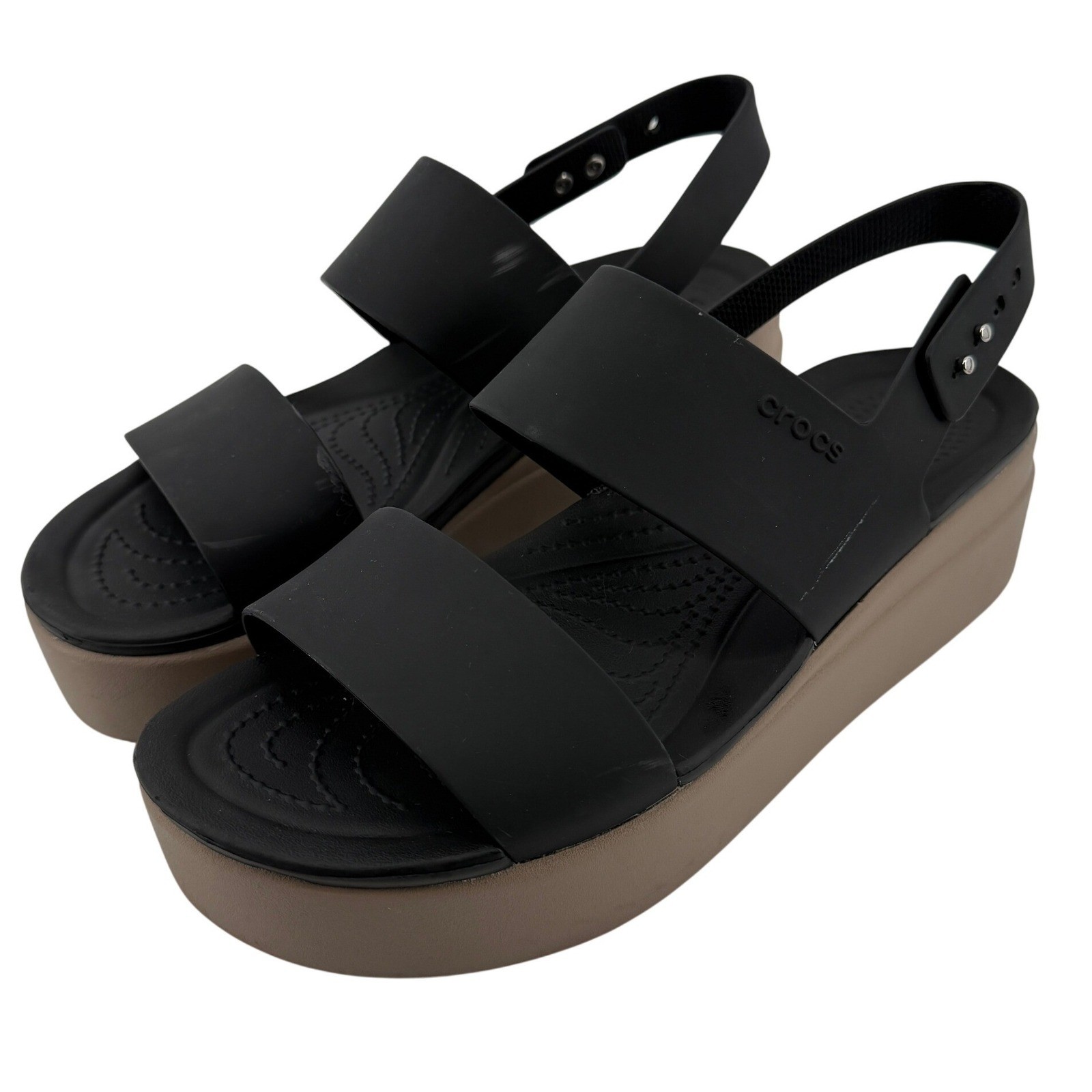 Crocs Brooklyn Low Wedge Sandal Black/Mushroom Women 9 Strappy Comfy Slingback