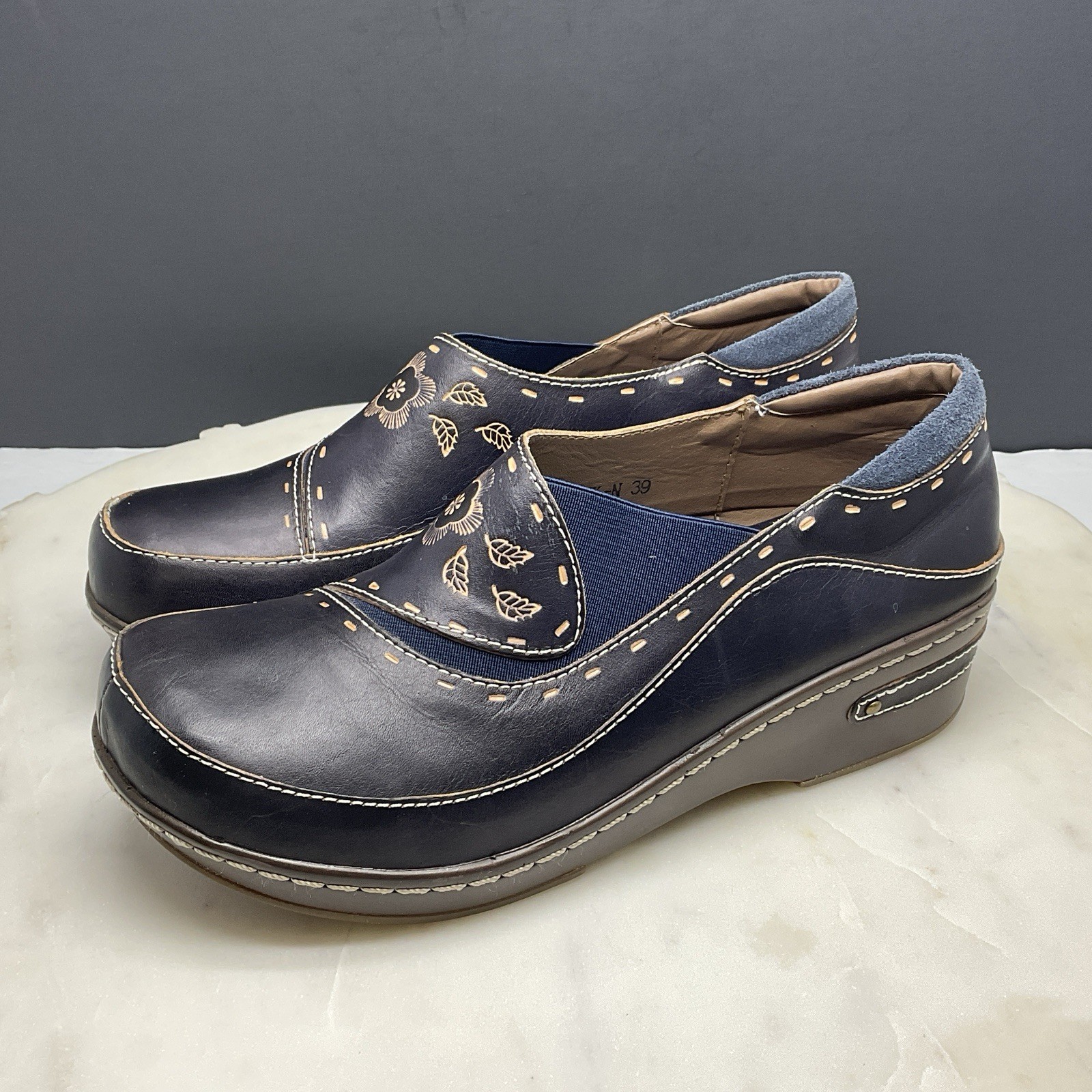 L’Artiste Burbank Clogs Spring Step Womens Size 8-8.5 EU-39 Blue Brown Leather