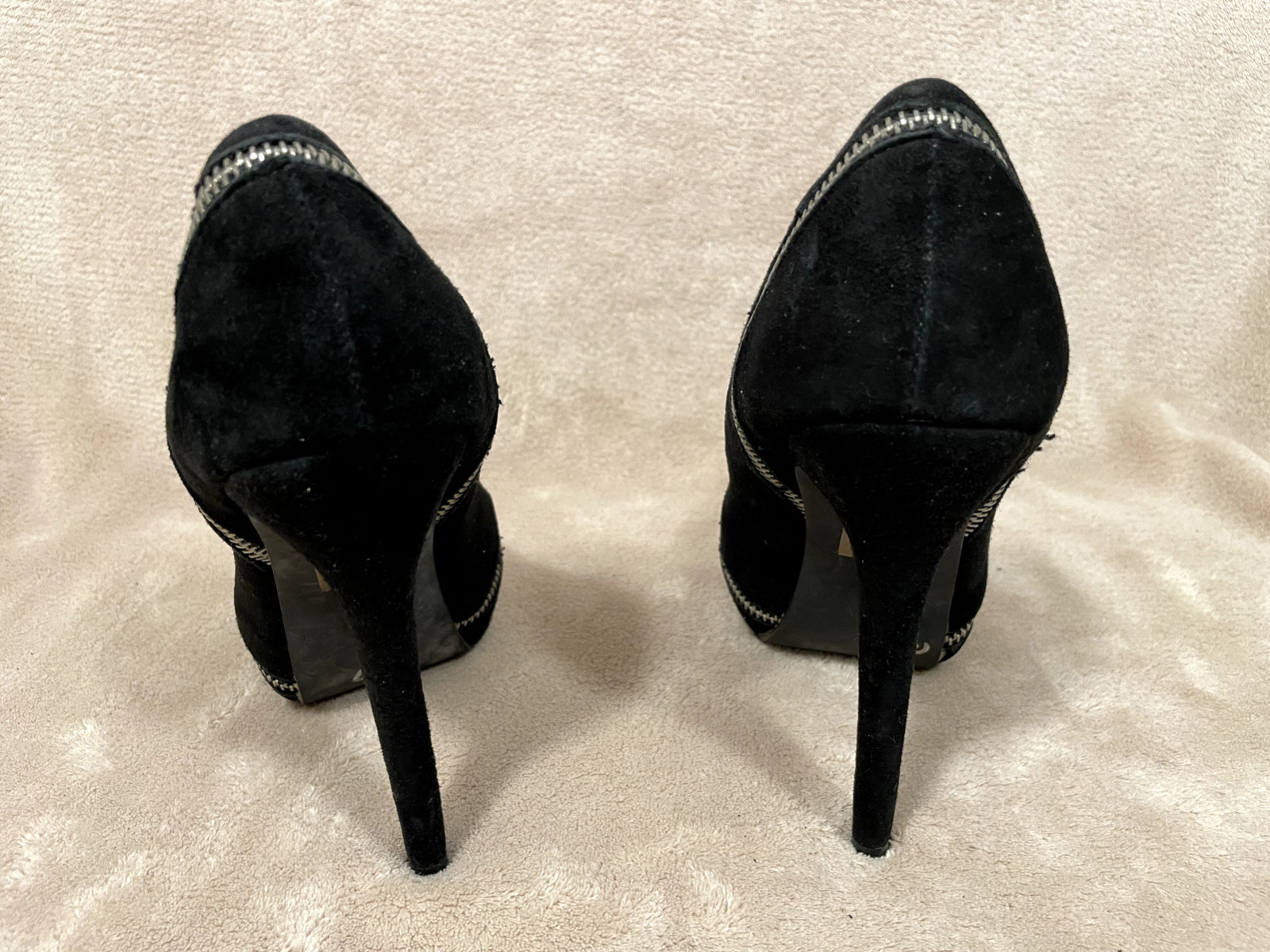 COLIN STUART STILETTOS, Black Suede Zipper Platform 5.5″ Heels Size 7.5 B